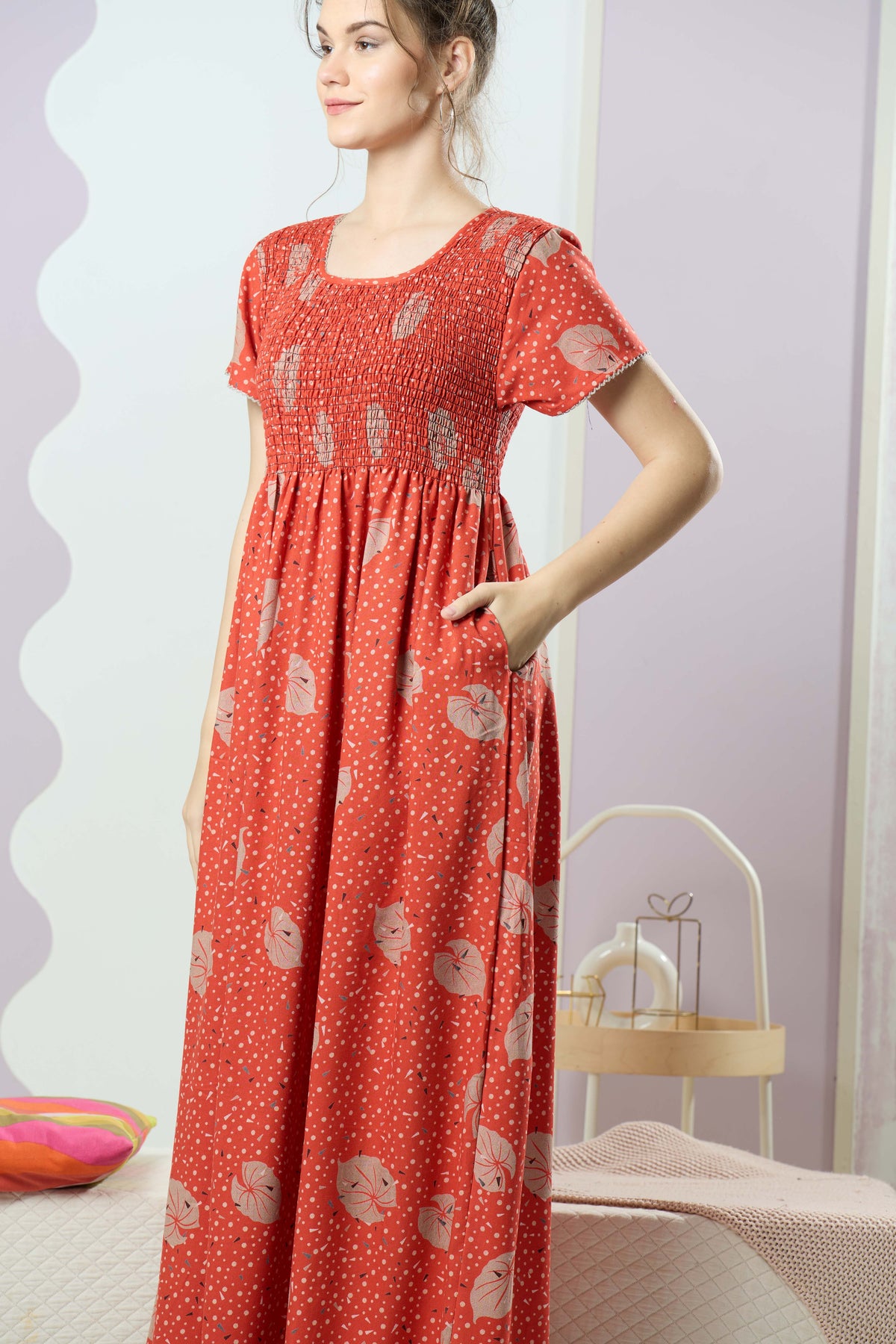 ALPINE Smocking Nighty | Beautiful Pleated Design | Side Pocket | Stylish Nighty for Trendy Women's | Your Perfect Nightwear Collection's (SAP)