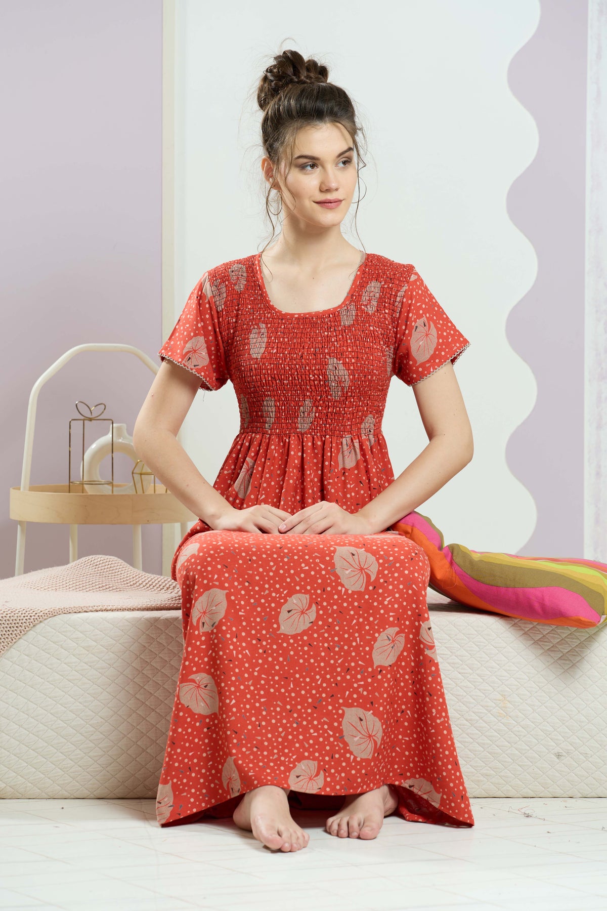 ALPINE Smocking Nighty | Beautiful Pleated Design | Side Pocket | Stylish Nighty for Trendy Women's | Your Perfect Nightwear Collection's (SAP)