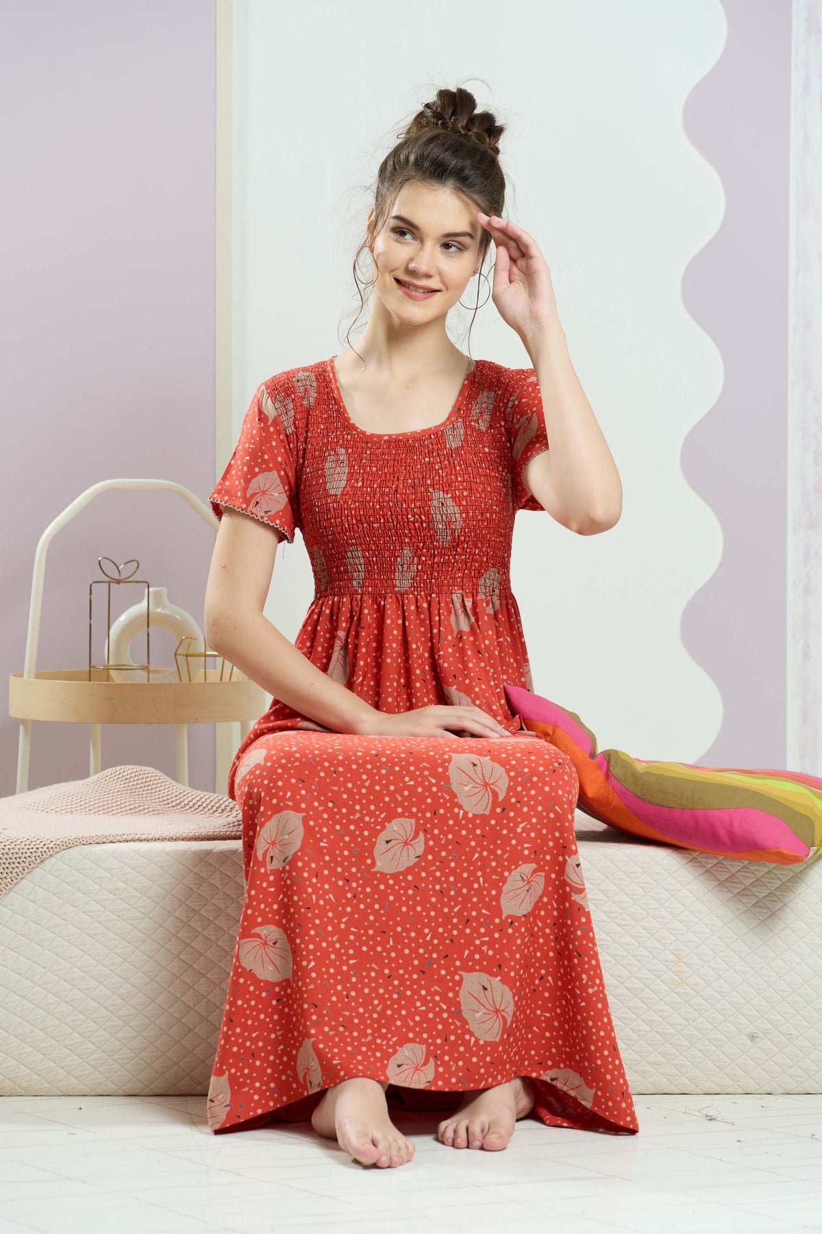 ALPINE Smocking Nighty | Beautiful Pleated Design | Side Pocket | Stylish Nighty for Trendy Women's | Your Perfect Nightwear Collection's (SAP)