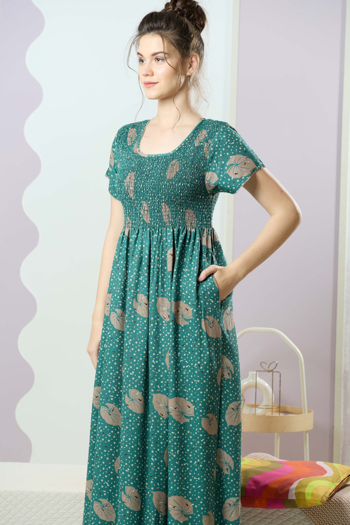 ALPINE Smocking Nighty | Beautiful Pleated Design | Side Pocket | Stylish Nighty for Trendy Women's | Your Perfect Nightwear Collection's (SAP)