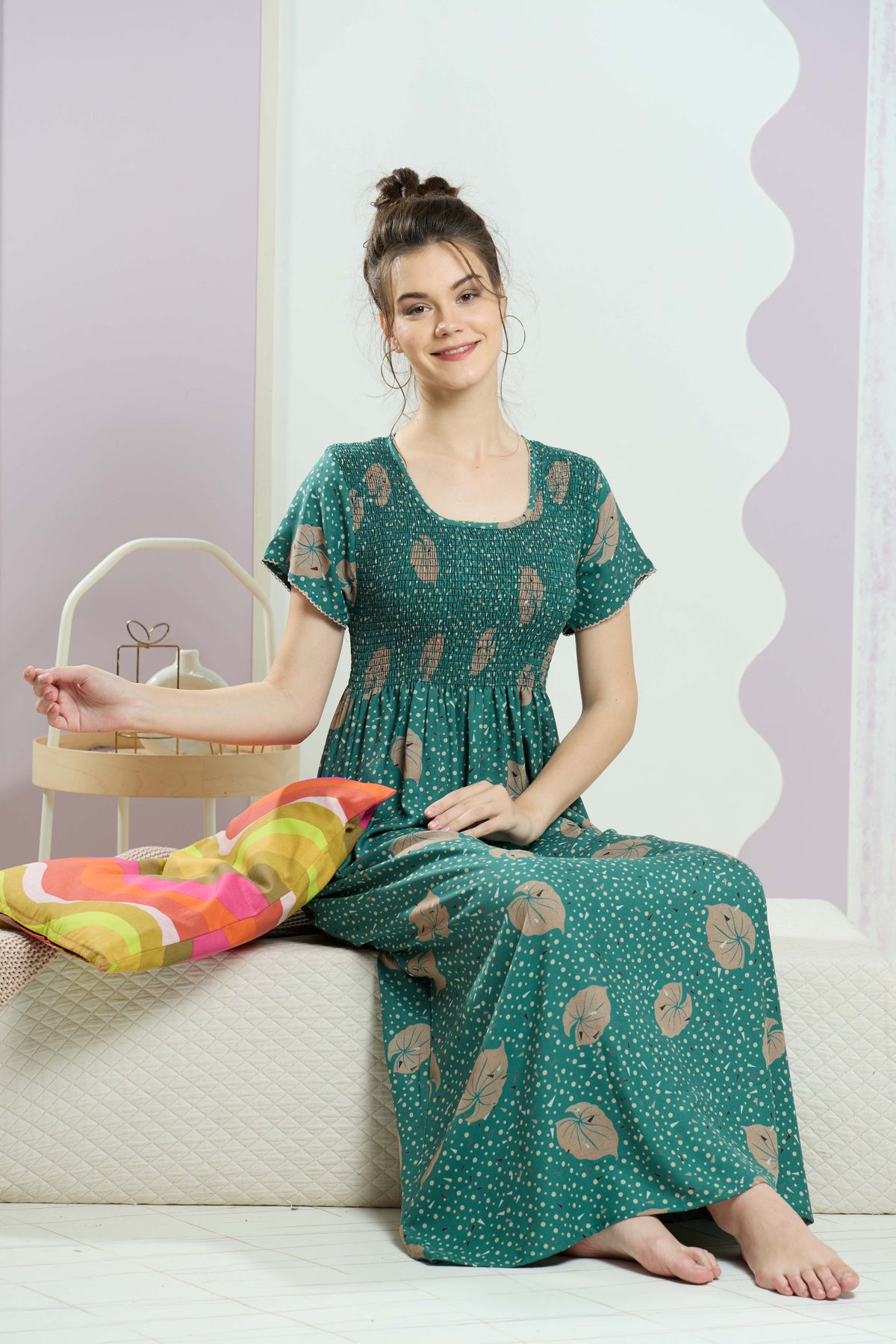 ALPINE Smocking Nighty | Beautiful Pleated Design | Side Pocket | Stylish Nighty for Trendy Women's | Your Perfect Nightwear Collection's (SAP)