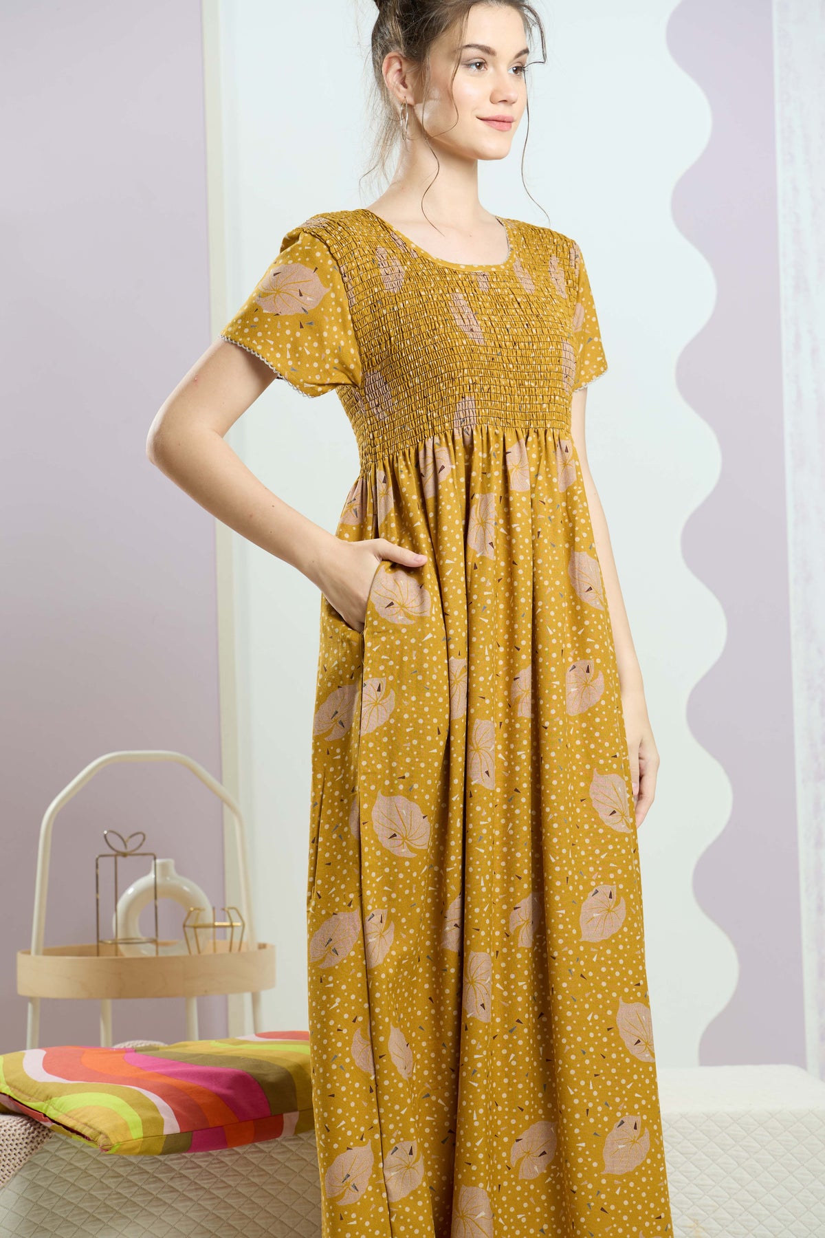 ALPINE Smocking Nighty | Beautiful Pleated Design | Side Pocket | Stylish Nighty for Trendy Women's | Your Perfect Nightwear Collection's (SAP)