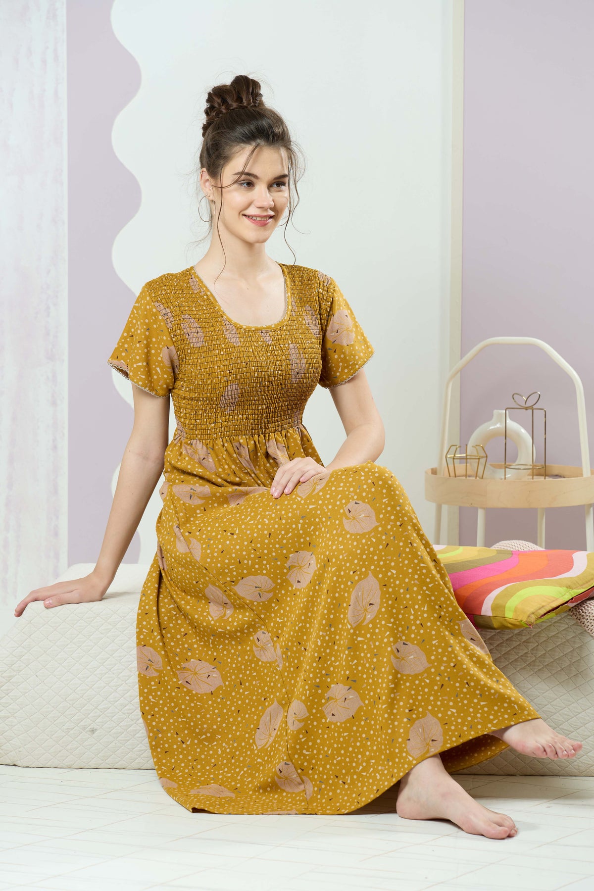 ALPINE Smocking Nighty | Beautiful Pleated Design | Side Pocket | Stylish Nighty for Trendy Women's | Your Perfect Nightwear Collection's (SAP)