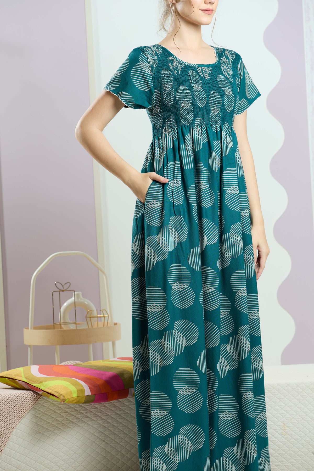 ALPINE Smocking Nighty | Beautiful Pleated Design | Side Pocket | Stylish Nighty for Trendy Women's | Your Perfect Nightwear Collection's (SAP)