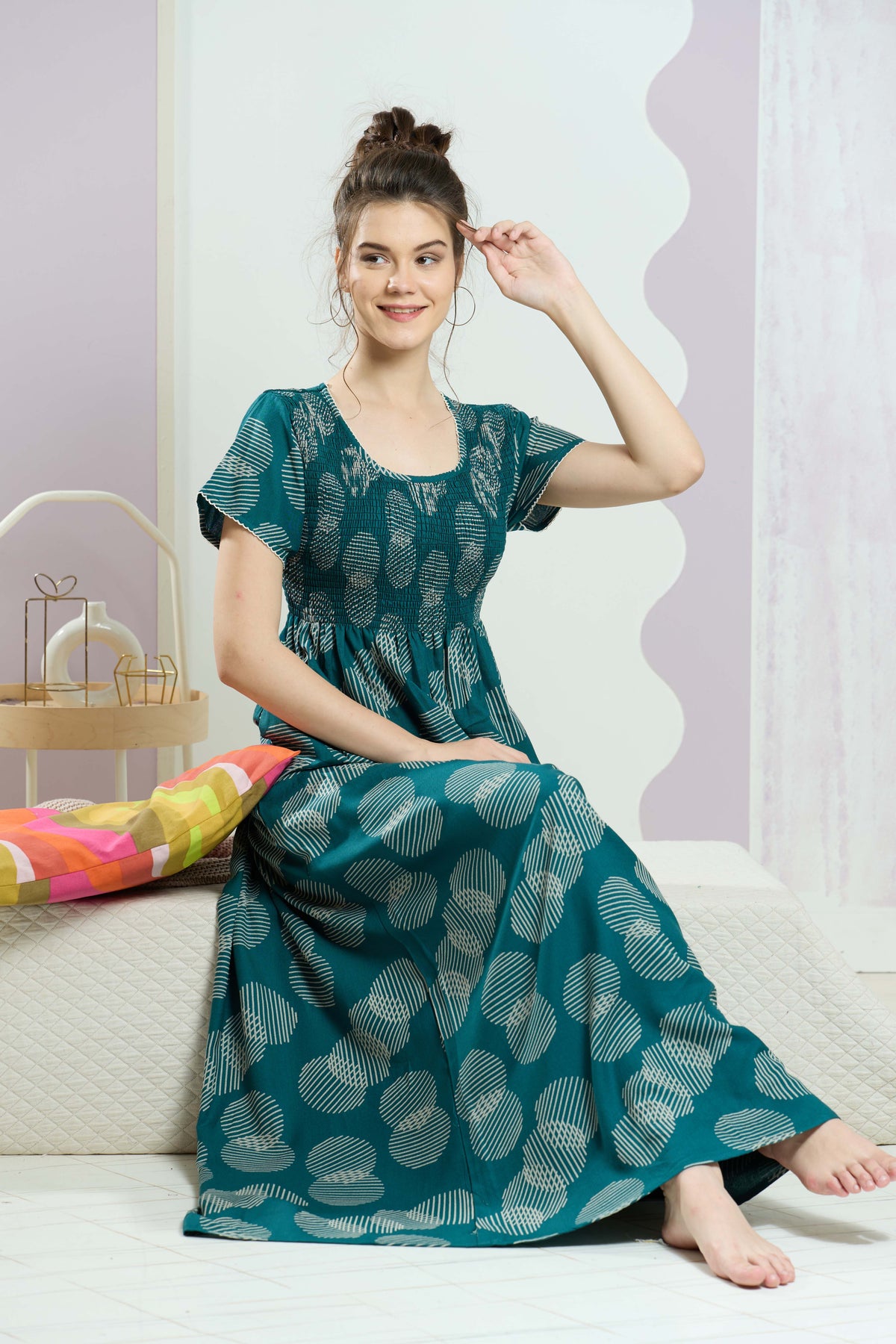 ALPINE Smocking Nighty | Beautiful Pleated Design | Side Pocket | Stylish Nighty for Trendy Women's | Your Perfect Nightwear Collection's (SAP)