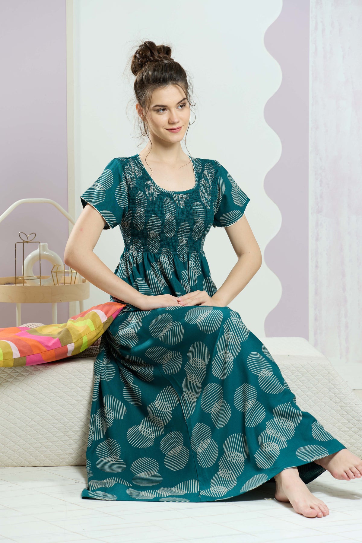 ALPINE Smocking Nighty | Beautiful Pleated Design | Side Pocket | Stylish Nighty for Trendy Women's | Your Perfect Nightwear Collection's (SAP)