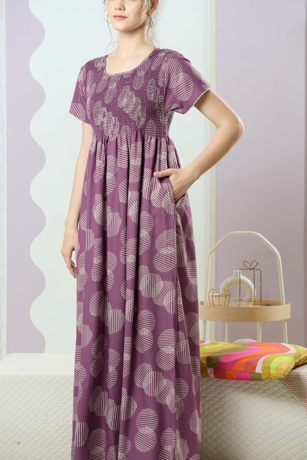 ALPINE Smocking Nighty | Beautiful Pleated Design | Side Pocket | Stylish Nighty for Trendy Women's | Your Perfect Nightwear Collection's (SAP)