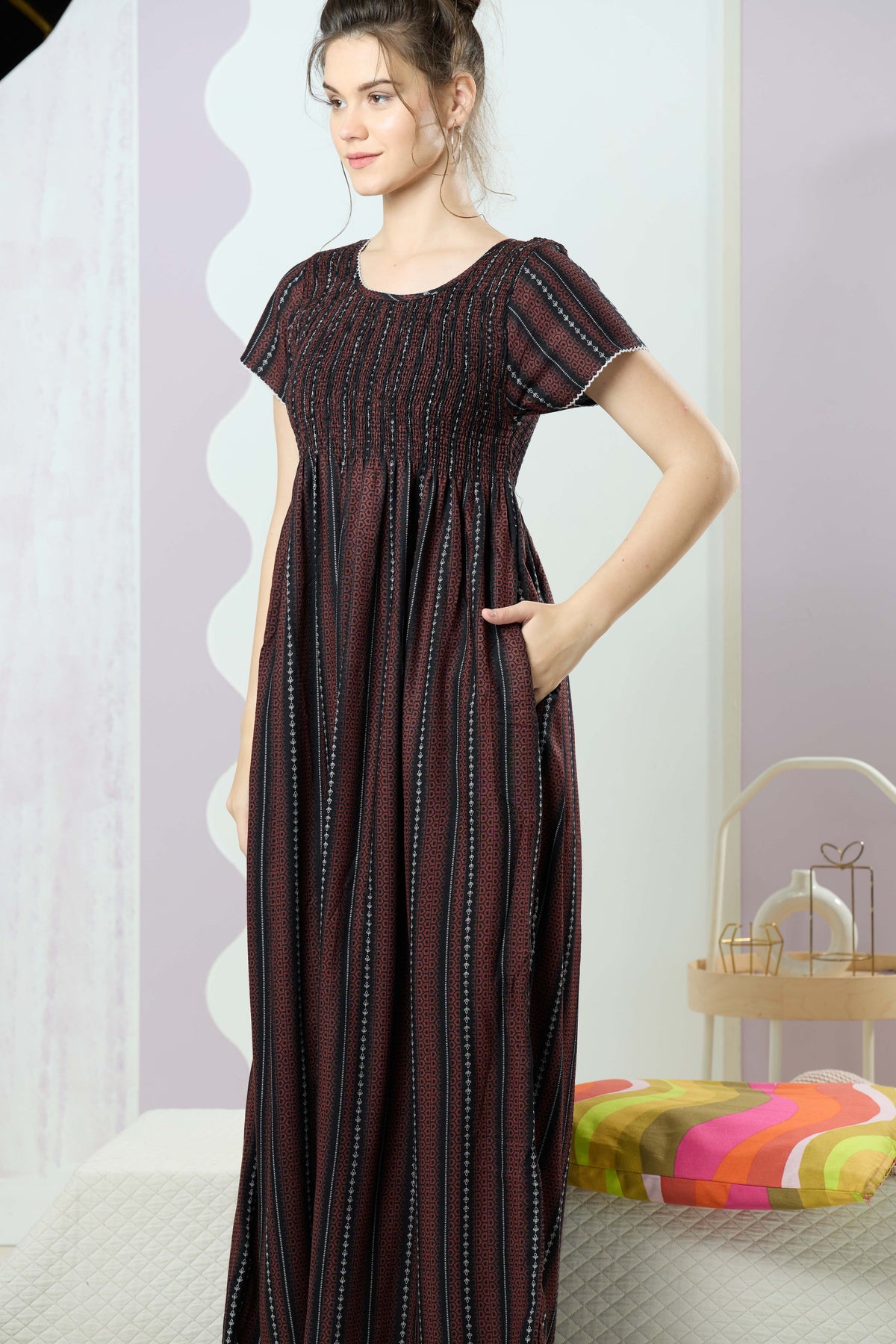 ALPINE Smocking Nighty | Beautiful Pleated Design | Side Pocket | Stylish Nighty for Trendy Women's | Your Perfect Nightwear Collection's (SAP)