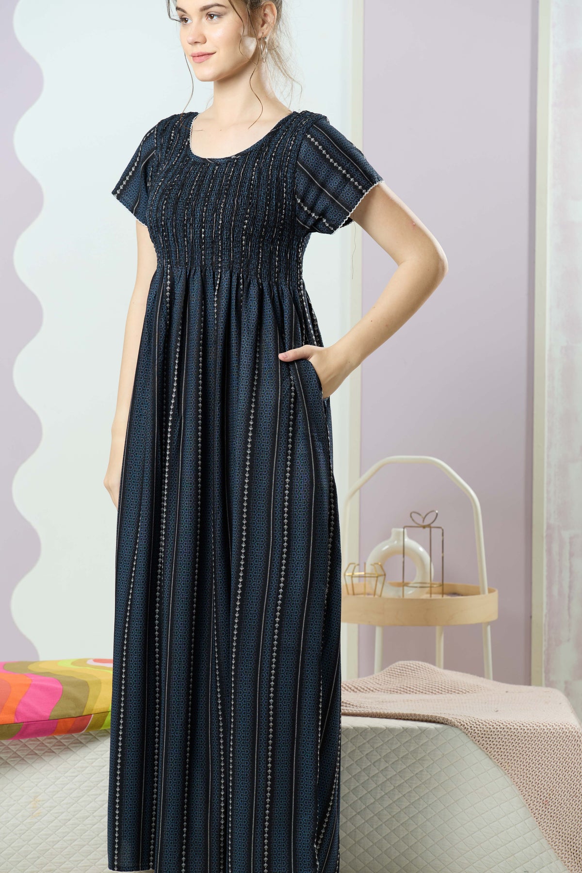 ALPINE Smocking Nighty | Beautiful Pleated Design | Side Pocket | Stylish Nighty for Trendy Women's | Your Perfect Nightwear Collection's (SAP)