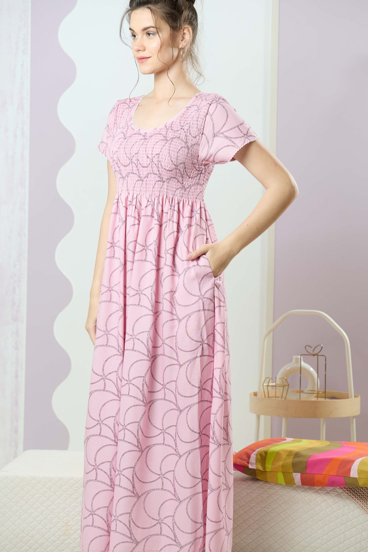 ALPINE Smocking Nighty | Beautiful Pleated Design | Side Pocket | Stylish Nighty for Trendy Women's | Your Perfect Nightwear Collection's (SAP)