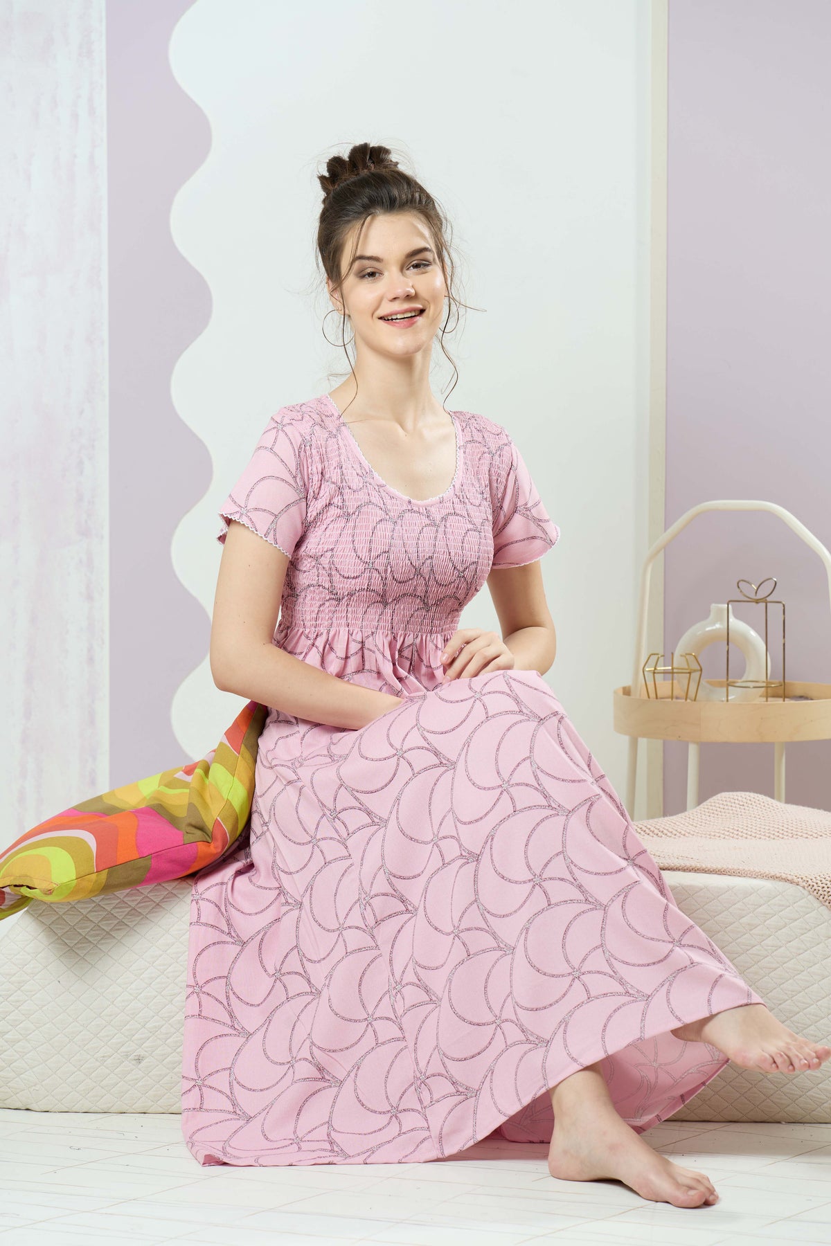 ALPINE Smocking Nighty | Beautiful Pleated Design | Side Pocket | Stylish Nighty for Trendy Women's | Your Perfect Nightwear Collection's (SAP)