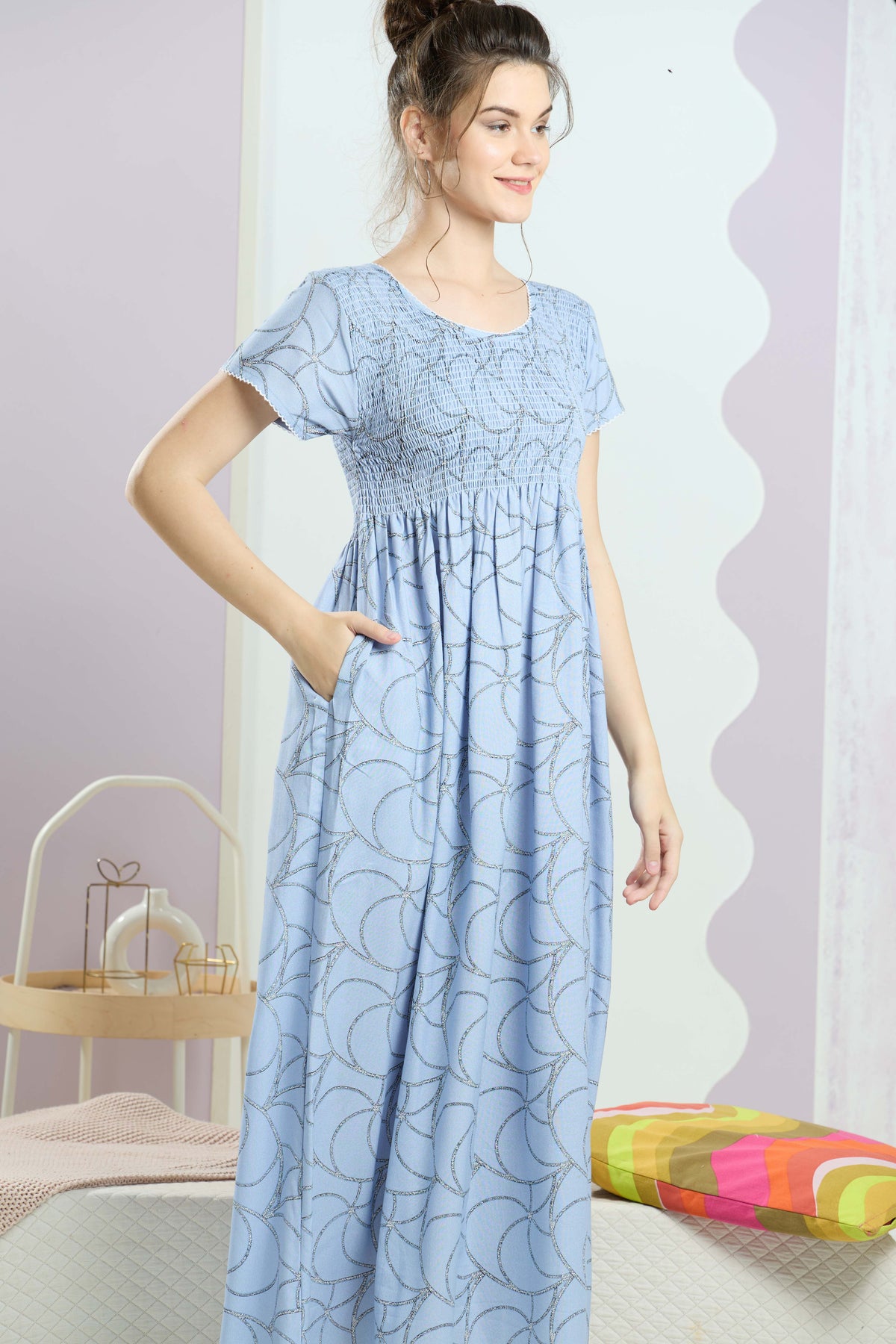 ALPINE Smocking Nighty | Beautiful Pleated Design | Side Pocket | Stylish Nighty for Trendy Women's | Your Perfect Nightwear Collection's (SAP)