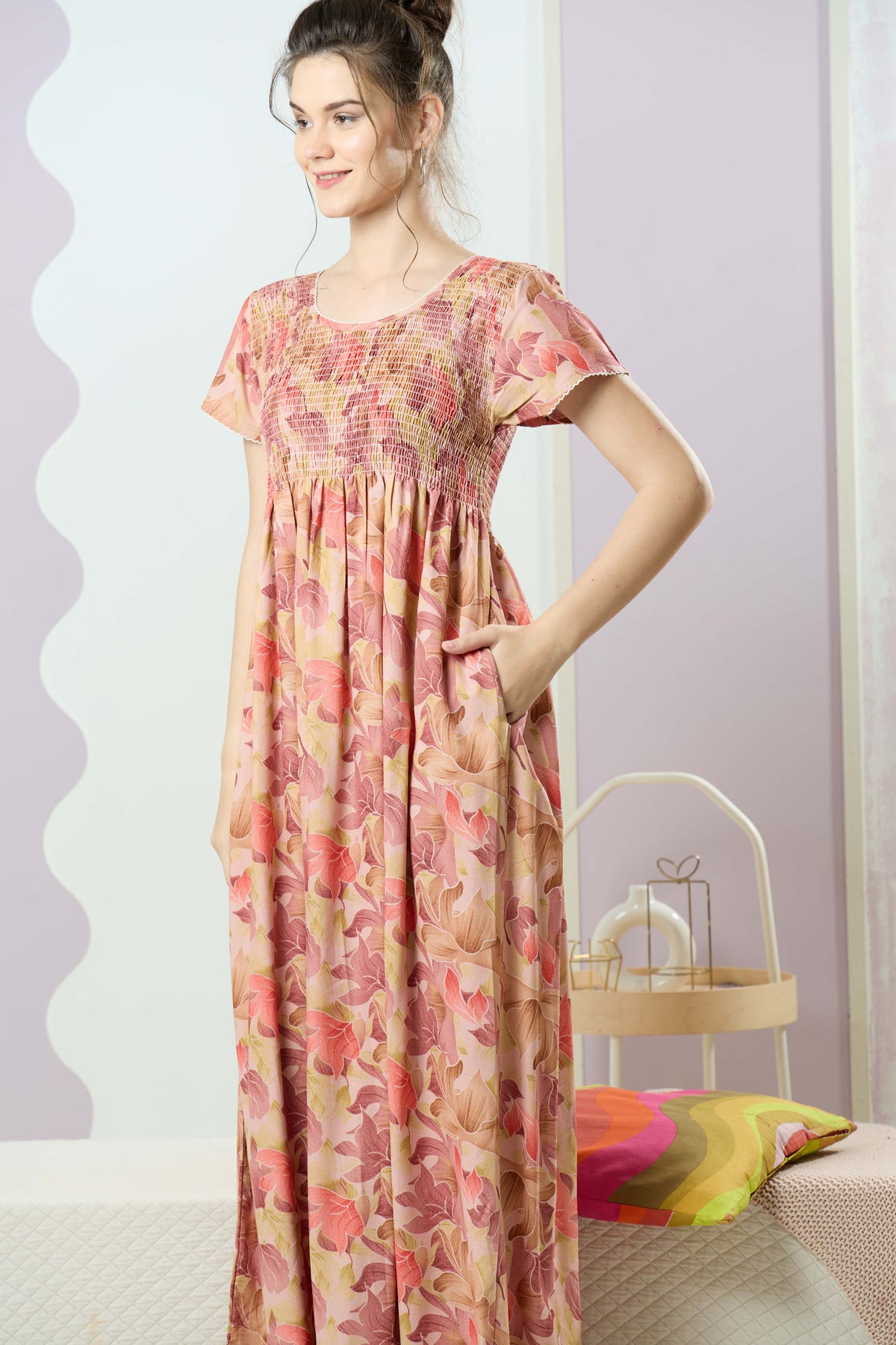 ALPINE Smocking Nighty | Beautiful Pleated Design | Side Pocket | Stylish Nighty for Trendy Women's | Your Perfect Nightwear Collection's (SAP)