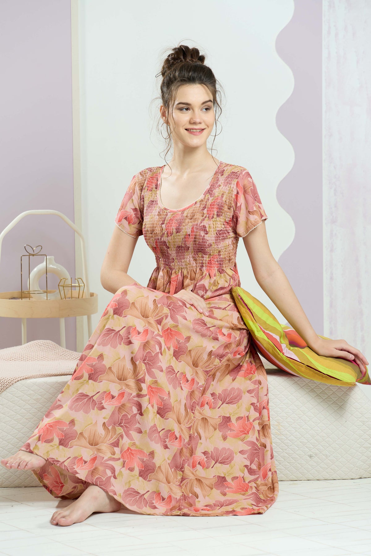 ALPINE Smocking Nighty | Beautiful Pleated Design | Side Pocket | Stylish Nighty for Trendy Women's | Your Perfect Nightwear Collection's (SAP)