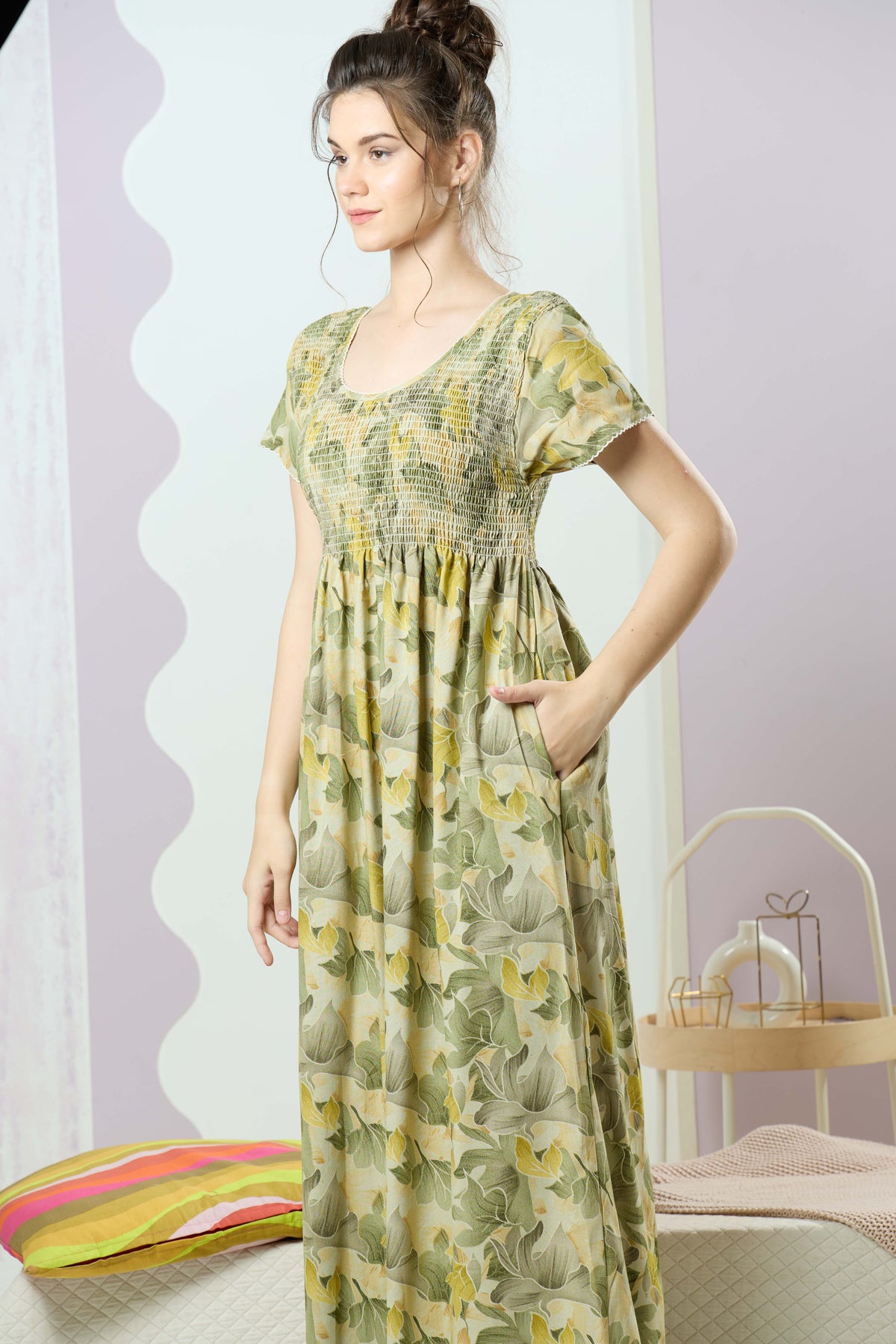 ALPINE Smocking Nighty | Beautiful Pleated Design | Side Pocket | Stylish Nighty for Trendy Women's | Your Perfect Nightwear Collection's (SAP)