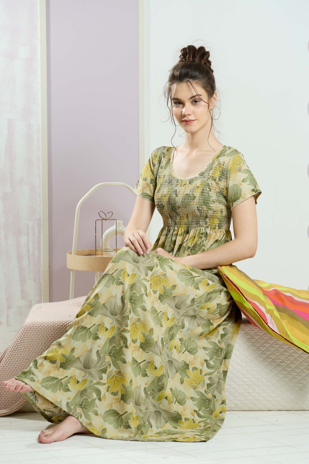 ALPINE Smocking Nighty | Beautiful Pleated Design | Side Pocket | Stylish Nighty for Trendy Women's | Your Perfect Nightwear Collection's (SAP)