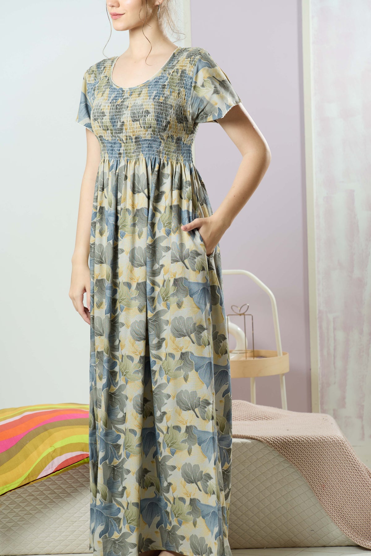 ALPINE Smocking Nighty | Beautiful Pleated Design | Side Pocket | Stylish Nighty for Trendy Women's | Your Perfect Nightwear Collection's (SAP)