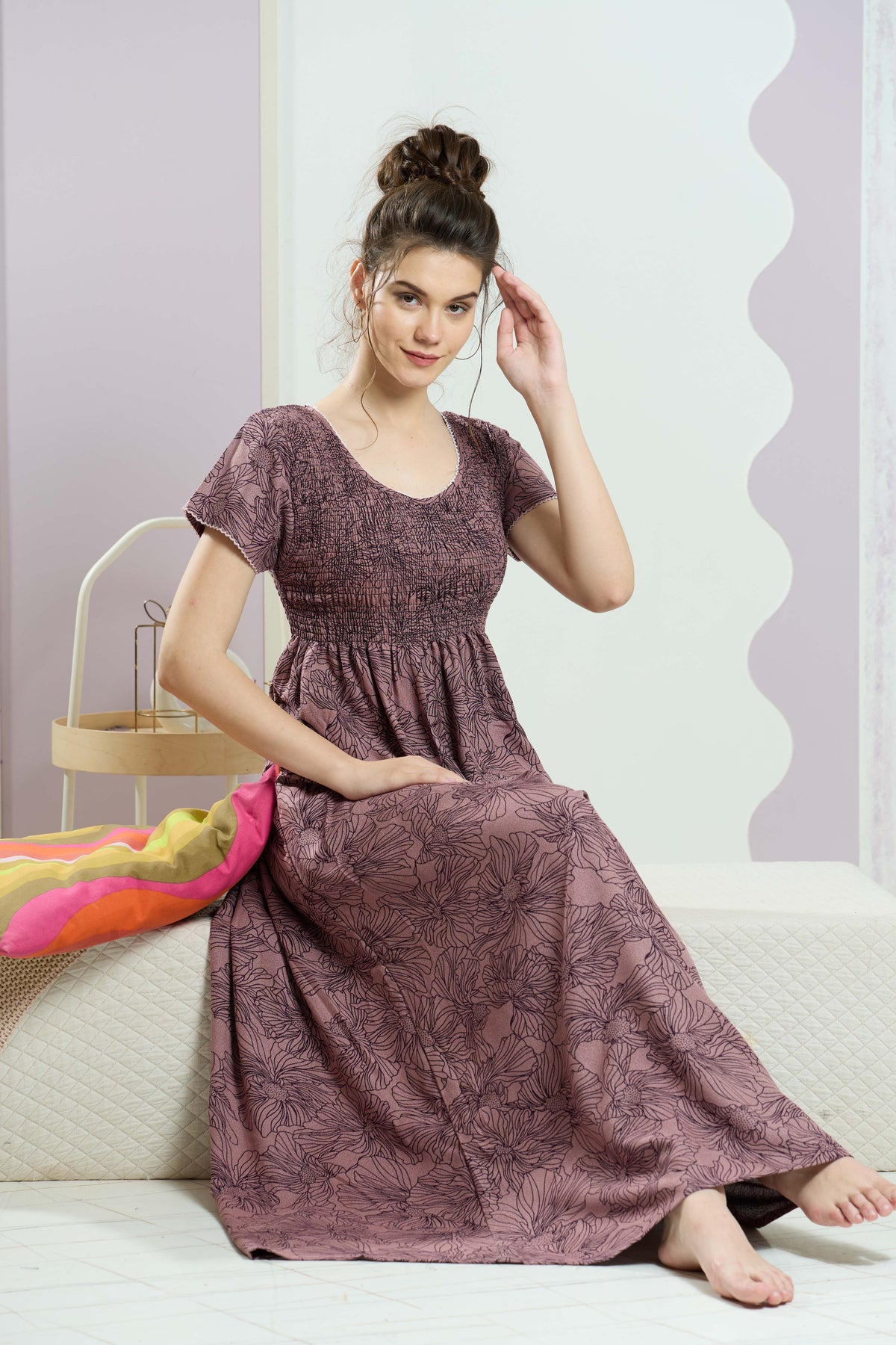 ALPINE Smocking Nighty | Beautiful Pleated Design | Side Pocket | Stylish Nighty for Trendy Women's | Your Perfect Nightwear Collection's (SAP)