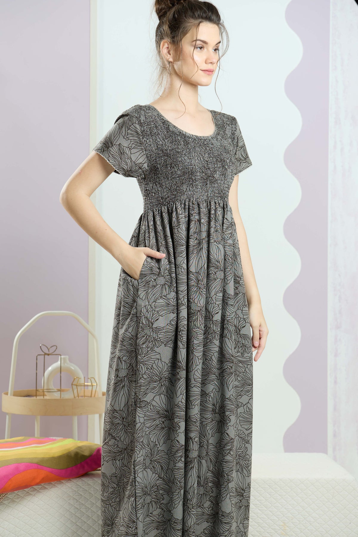 ALPINE Smocking Nighty | Beautiful Pleated Design | Side Pocket | Stylish Nighty for Trendy Women's | Your Perfect Nightwear Collection's (SAP)