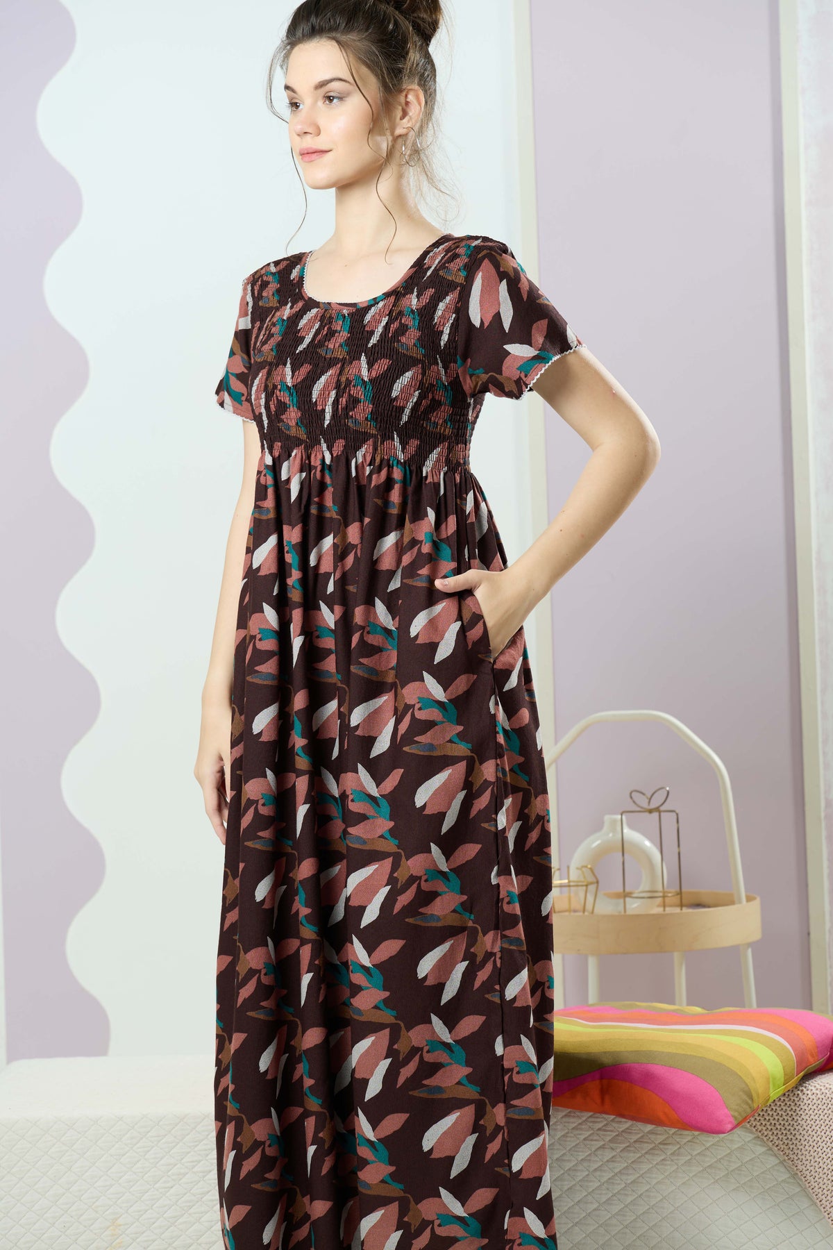 ALPINE Smocking Nighty | Beautiful Pleated Design | Side Pocket | Stylish Nighty for Trendy Women's | Your Perfect Nightwear Collection's (SAP)