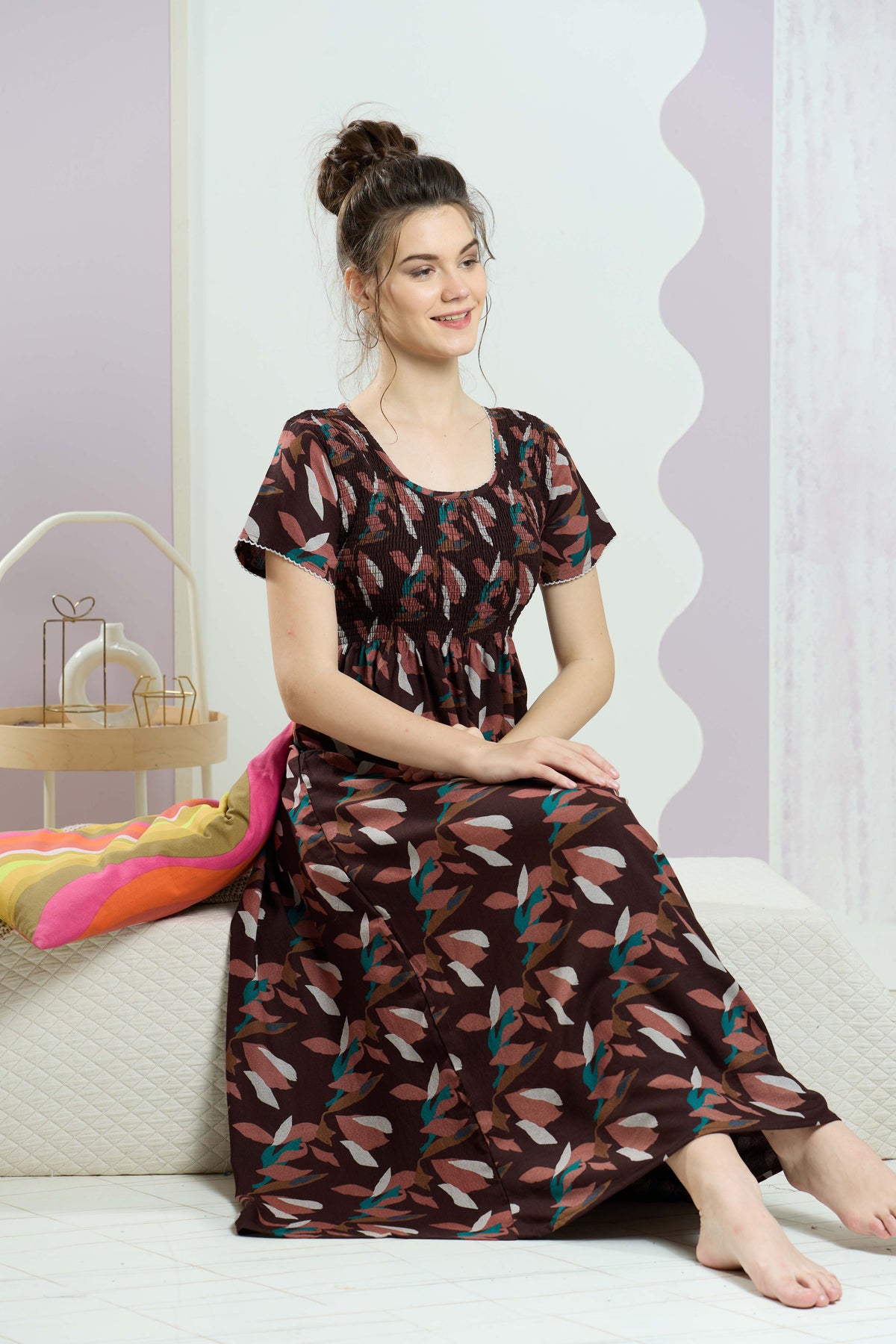 ALPINE Smocking Nighty | Beautiful Pleated Design | Side Pocket | Stylish Nighty for Trendy Women's | Your Perfect Nightwear Collection's (SAP)