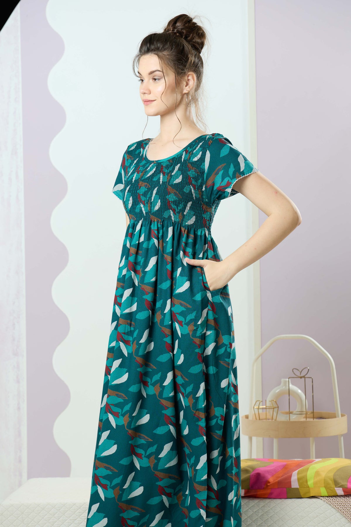 ALPINE Smocking Nighty | Beautiful Pleated Design | Side Pocket | Stylish Nighty for Trendy Women's | Your Perfect Nightwear Collection's (SAP)