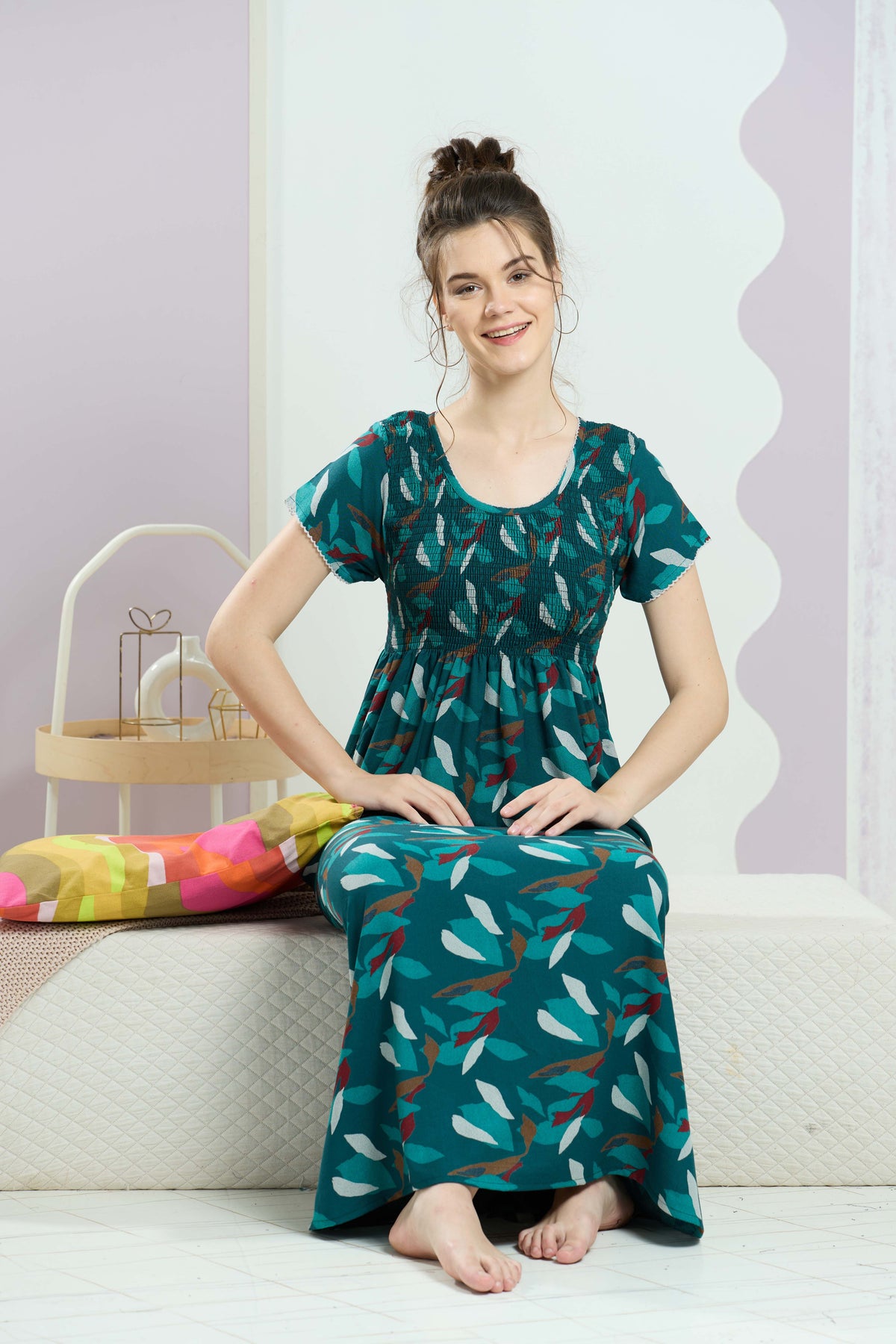 ALPINE Smocking Nighty | Beautiful Pleated Design | Side Pocket | Stylish Nighty for Trendy Women's | Your Perfect Nightwear Collection's (SAP)