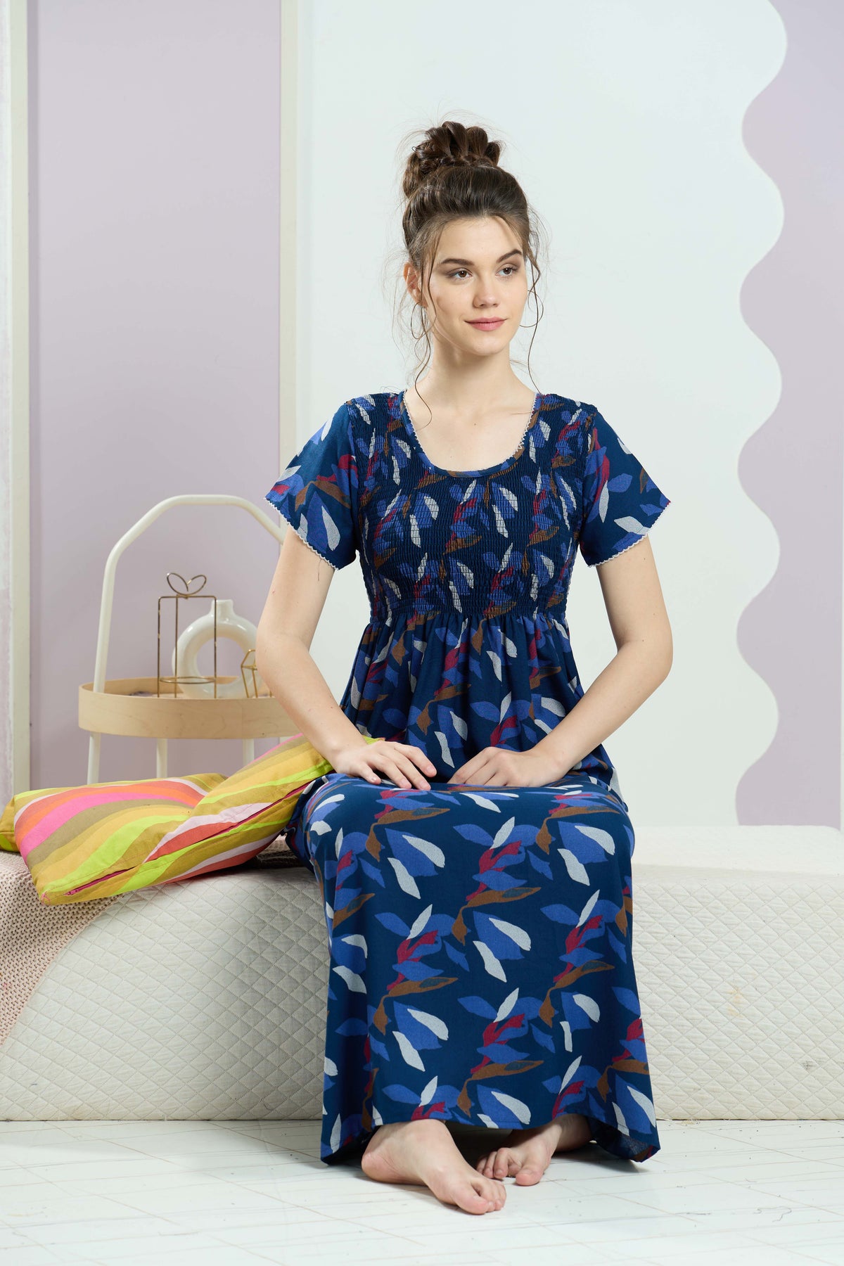 ALPINE Smocking Nighty | Beautiful Pleated Design | Side Pocket | Stylish Nighty for Trendy Women's | Your Perfect Nightwear Collection's (SAP)