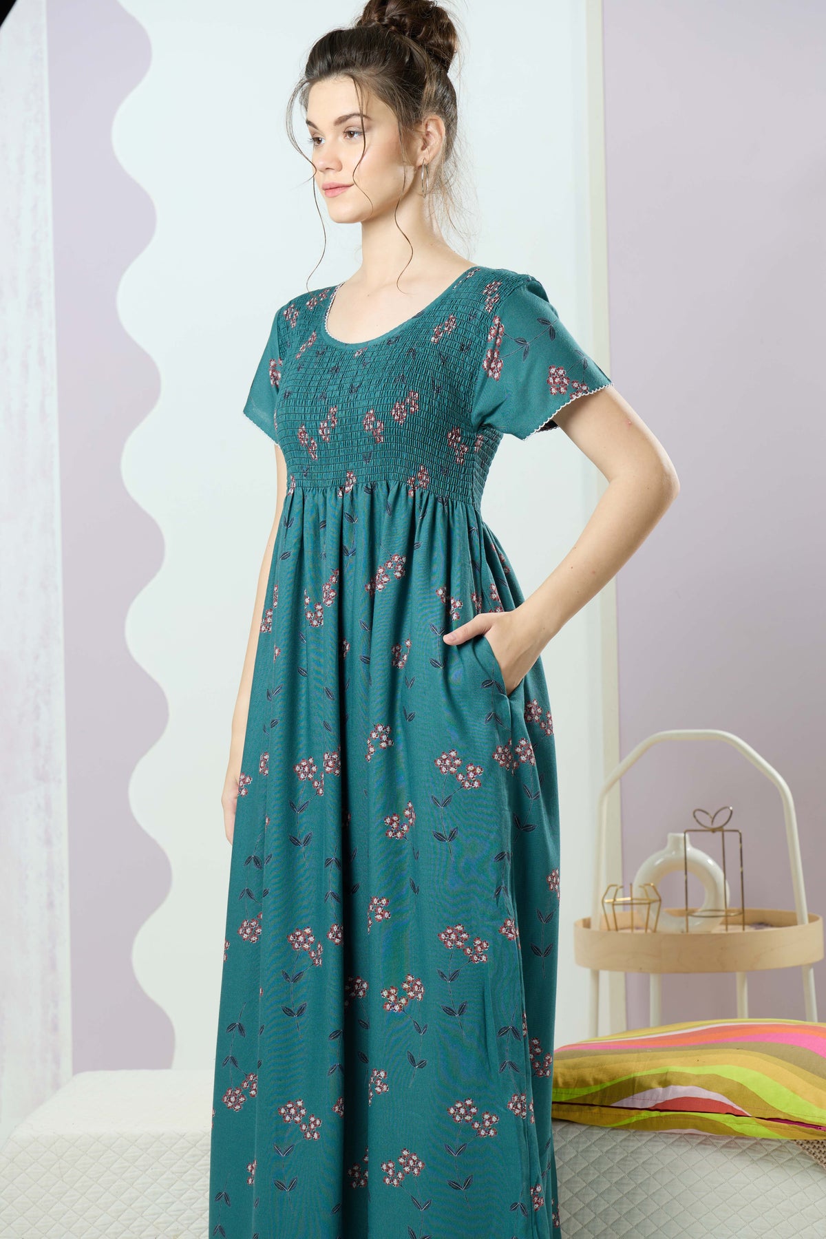 ALPINE Smocking Nighty | Beautiful Pleated Design | Side Pocket | Stylish Nighty for Trendy Women's | Your Perfect Nightwear Collection's (SAP)