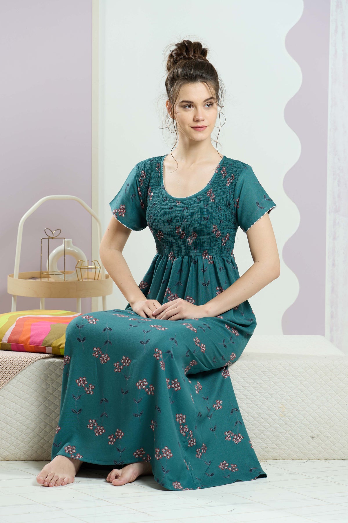 ALPINE Smocking Nighty | Beautiful Pleated Design | Side Pocket | Stylish Nighty for Trendy Women's | Your Perfect Nightwear Collection's (SAP)