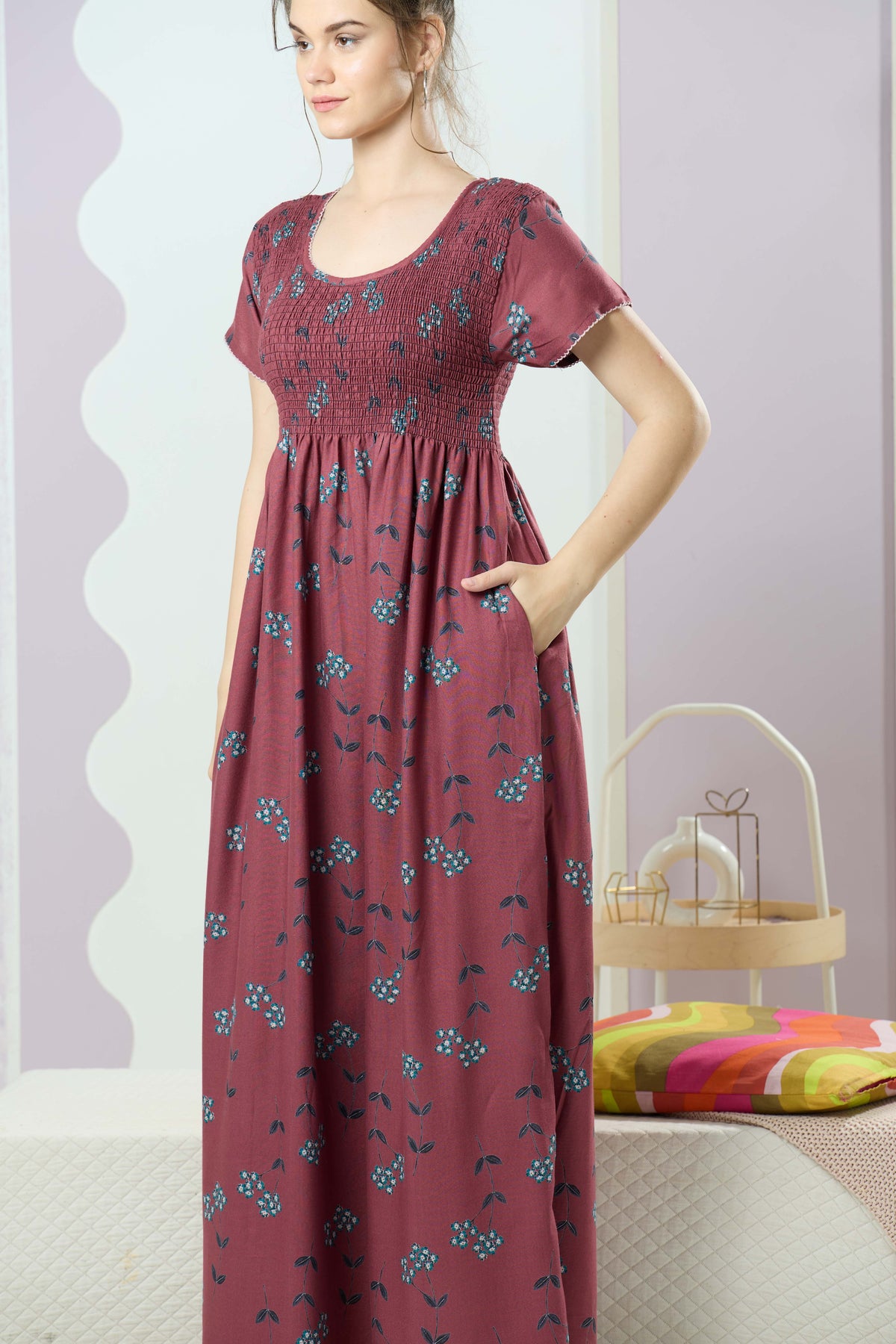 ALPINE Smocking Nighty | Beautiful Pleated Design | Side Pocket | Stylish Nighty for Trendy Women's | Your Perfect Nightwear Collection's (SAP)