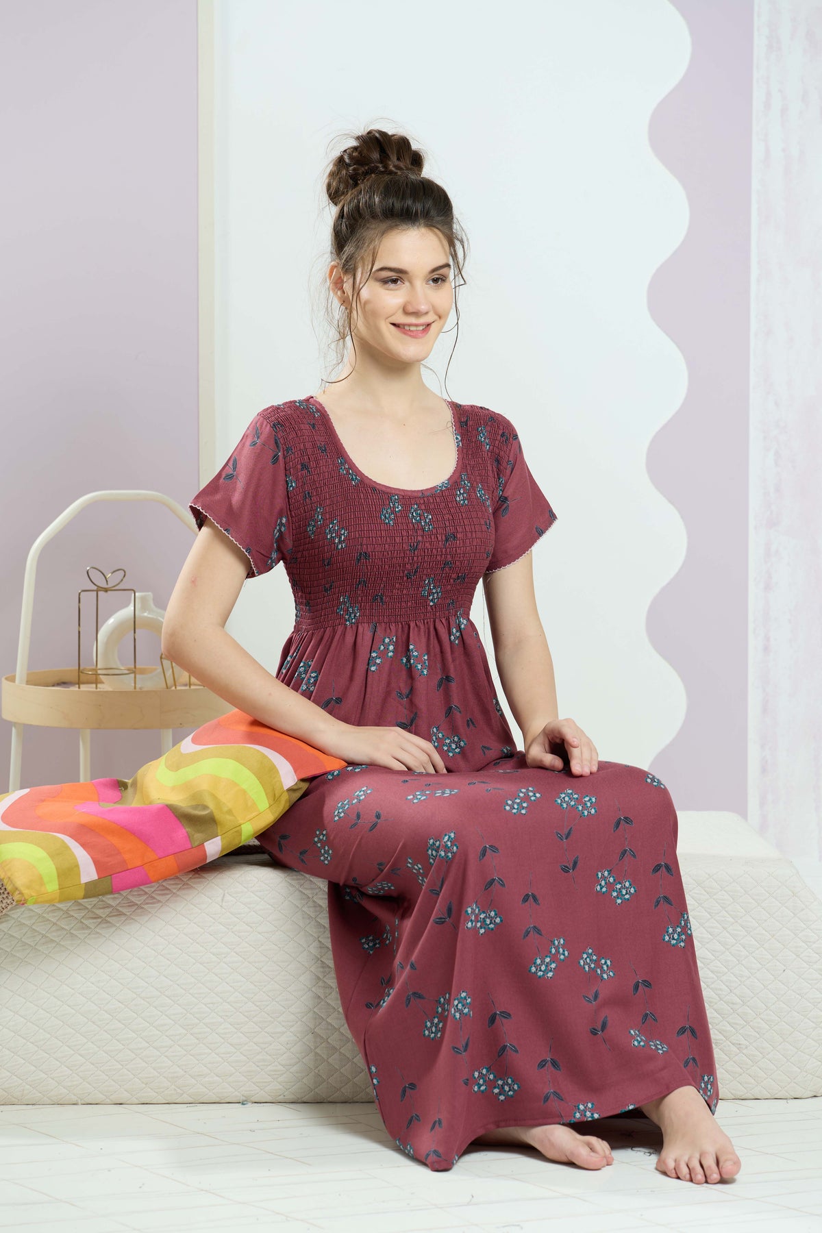 ALPINE Smocking Nighty | Beautiful Pleated Design | Side Pocket | Stylish Nighty for Trendy Women's | Your Perfect Nightwear Collection's (SAP)