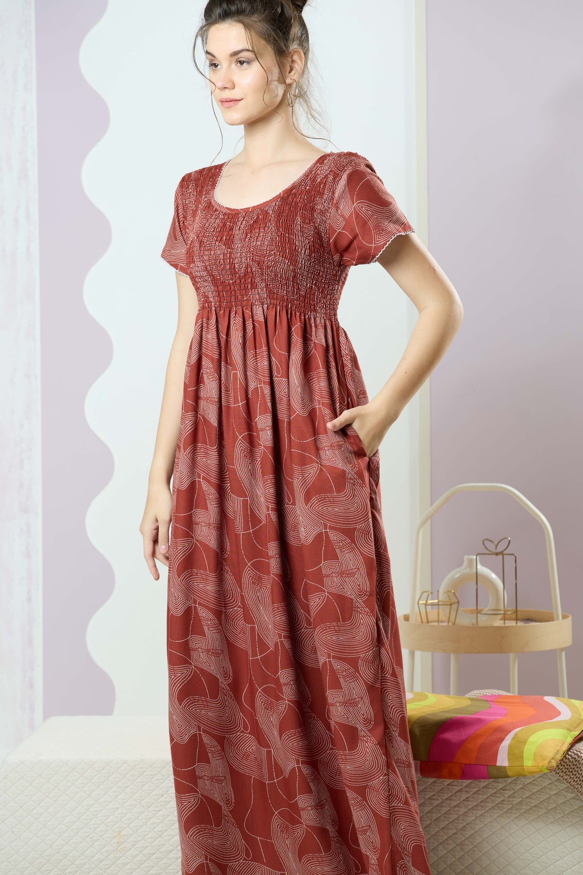 ALPINE Smocking Nighty | Beautiful Pleated Design | Side Pocket | Stylish Nighty for Trendy Women's | Your Perfect Nightwear Collection's (SAP)