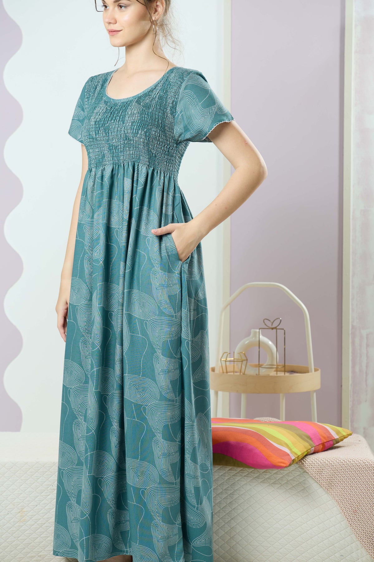 ALPINE Smocking Nighty | Beautiful Pleated Design | Side Pocket | Stylish Nighty for Trendy Women's | Your Perfect Nightwear Collection's (SAP)