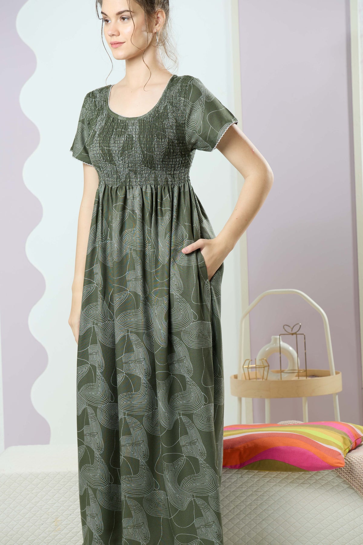 ALPINE Smocking Nighty | Beautiful Pleated Design | Side Pocket | Stylish Nighty for Trendy Women's | Your Perfect Nightwear Collection's (SAP)