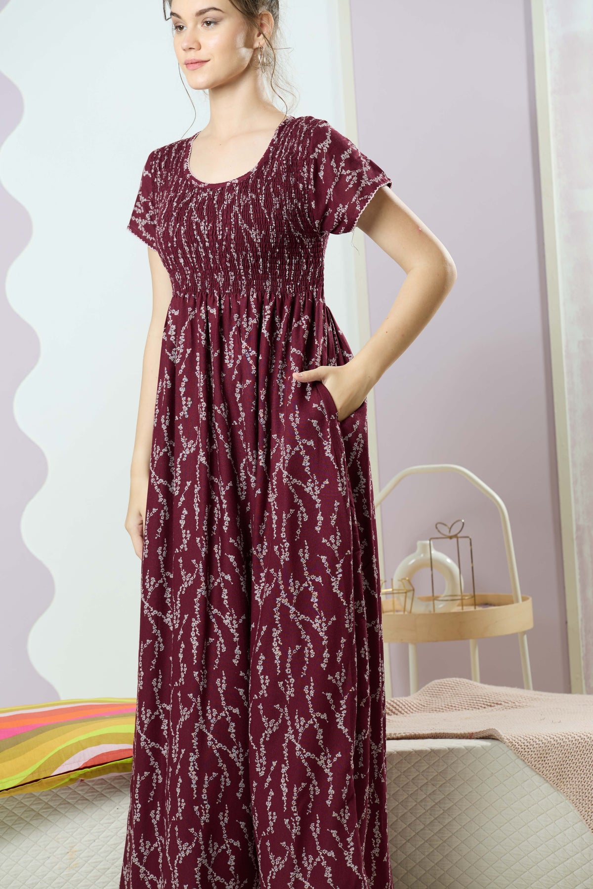 ALPINE Smocking Nighty | Beautiful Pleated Design | Side Pocket | Stylish Nighty for Trendy Women's | Your Perfect Nightwear Collection's (SAP)