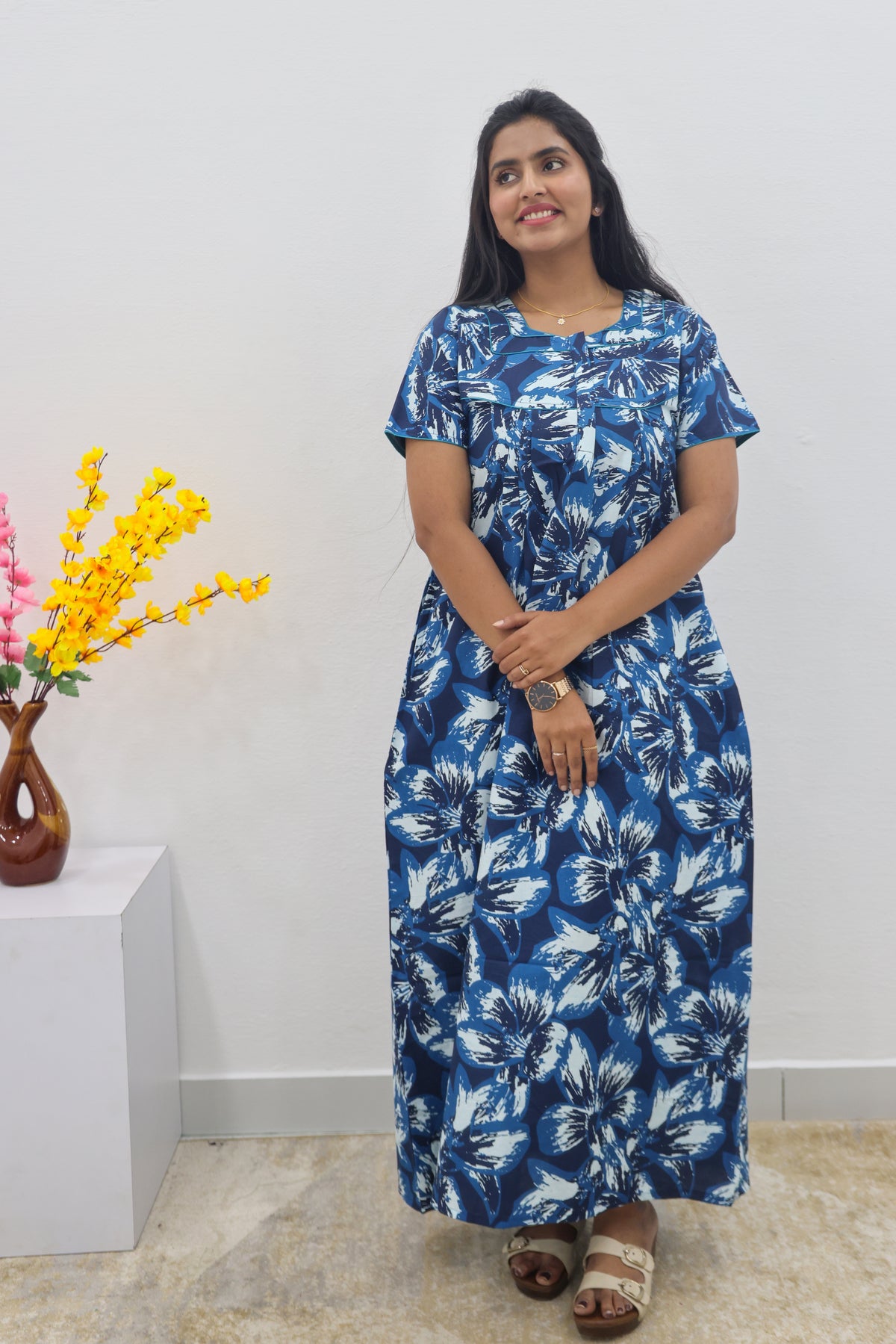 MANGAI Cotton Printed Pleated Nighties - All Over Printed Stylish Nighties | Side Cut Pocket | Front Open Zipper Type | Beautiful Nighties for Stylish Women's (SLB-P)