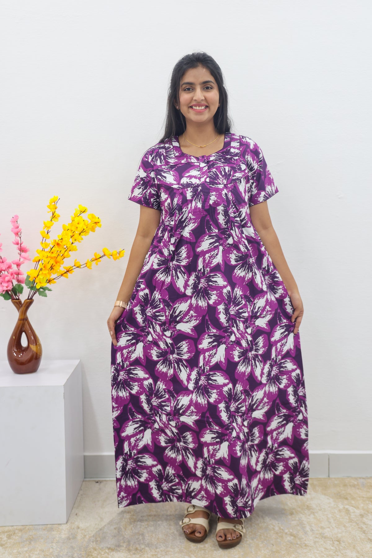 MANGAI Cotton Printed Pleated Nighties - All Over Printed Stylish Nighties | Side Cut Pocket | Front Open Zipper Type | Beautiful Nighties for Stylish Women's (SLB-P)