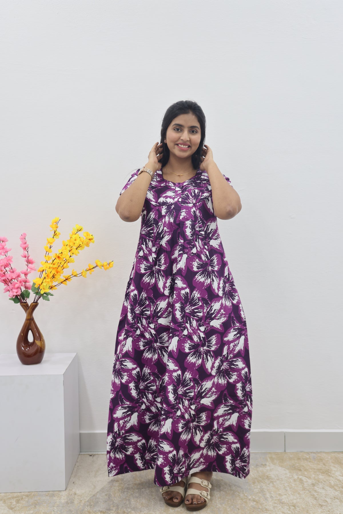 MANGAI Cotton Printed Pleated Nighties - All Over Printed Stylish Nighties | Side Cut Pocket | Front Open Zipper Type | Beautiful Nighties for Stylish Women's (SLB-P)