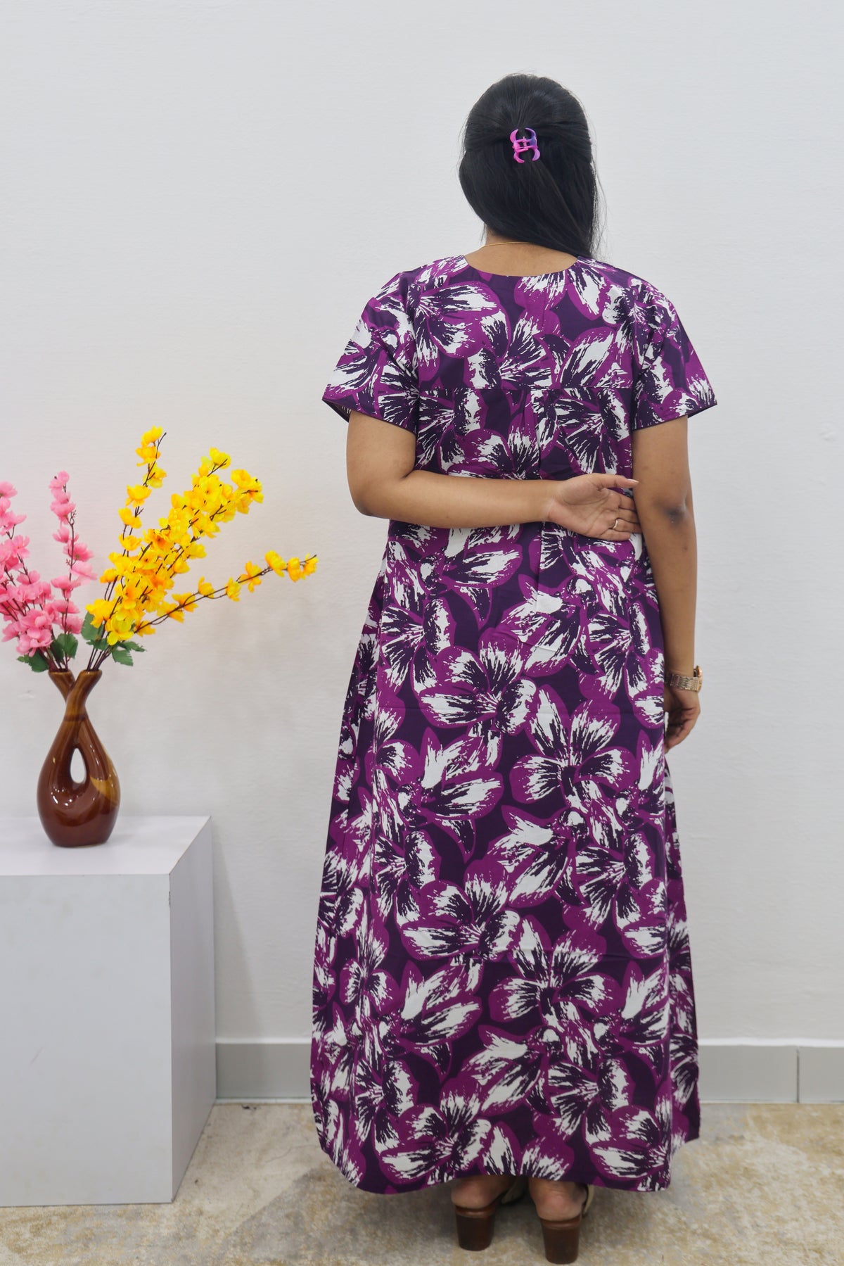 MANGAI Cotton Printed Pleated Nighties - All Over Printed Stylish Nighties | Side Cut Pocket | Front Open Zipper Type | Beautiful Nighties for Stylish Women's (SLB-P)