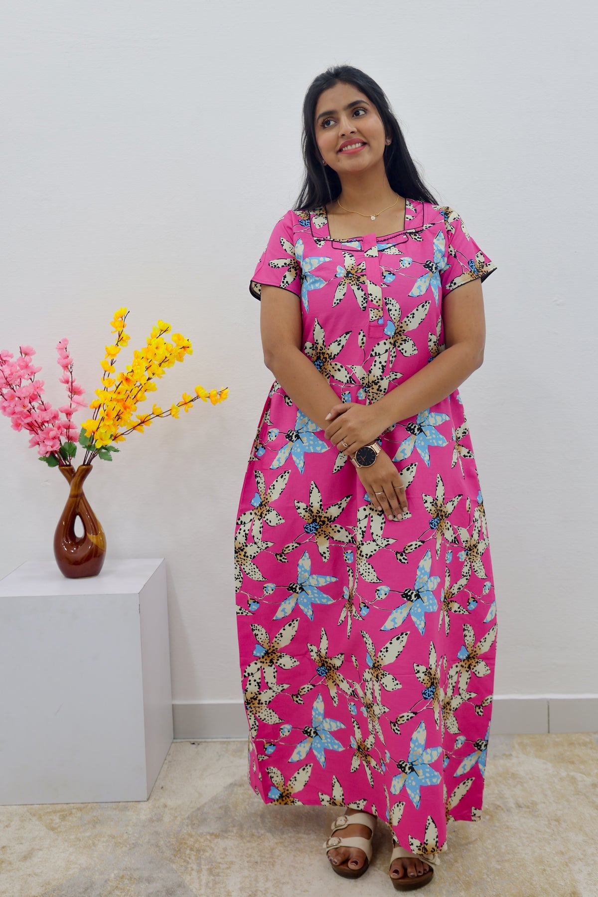 MANGAI New Regular Fit Cotton Printed Nighties - All Over Printed Stylish Nightwear for Stylish Women | Side Cut Pocket | Beautiful Nighties for Stylish Women's | Colourful Printed Cotton Nighties (SLB)