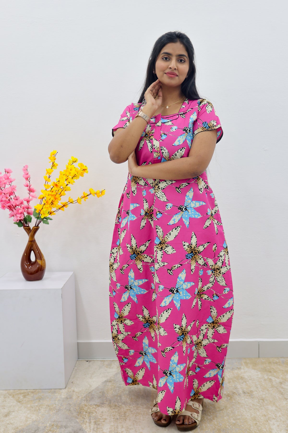 MANGAI New Regular Fit Cotton Printed Nighties - All Over Printed Stylish Nightwear for Stylish Women | Side Cut Pocket | Beautiful Nighties for Stylish Women's | Colourful Printed Cotton Nighties (SLB)