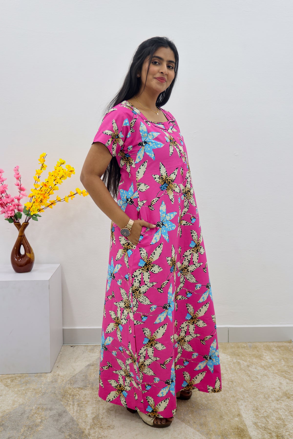 MANGAI New Regular Fit Cotton Printed Nighties - All Over Printed Stylish Nightwear for Stylish Women | Side Cut Pocket | Beautiful Nighties for Stylish Women's | Colourful Printed Cotton Nighties (SLB)