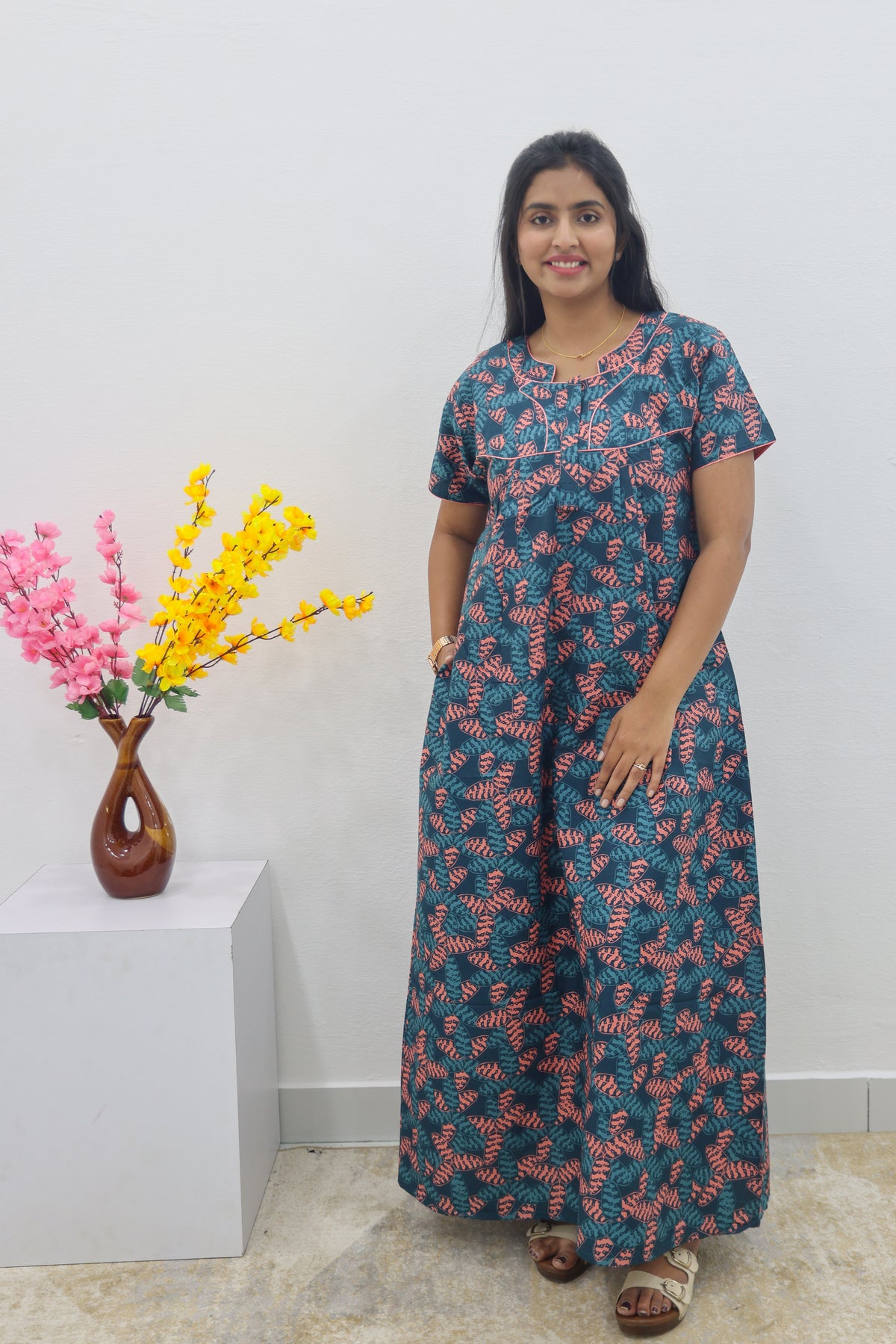 MANGAI Cotton Printed Pleated Nighties - All Over Printed Stylish Nighties | Side Cut Pocket | Front Open Zipper Type | Beautiful Nighties for Stylish Women's (SLB-P)