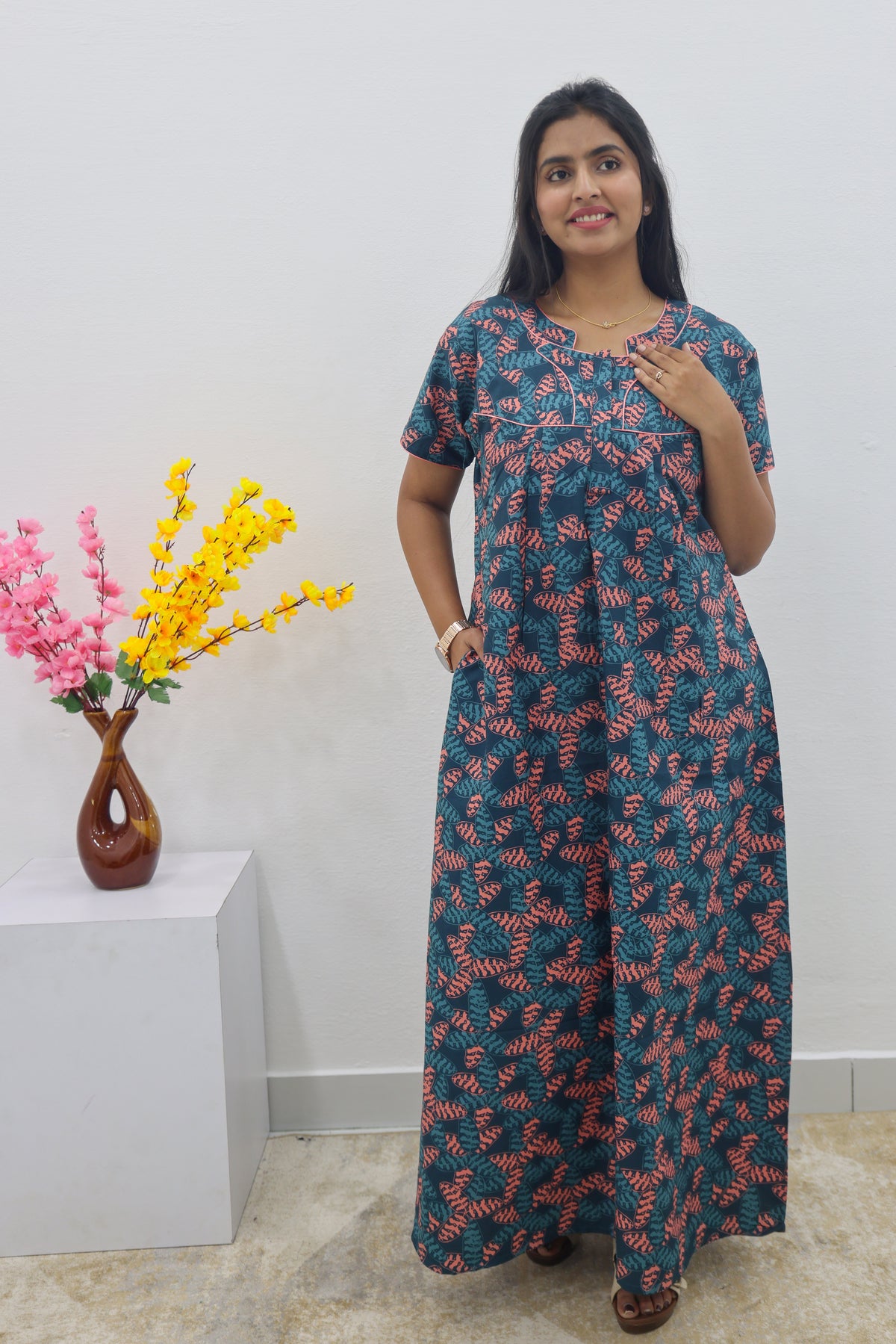 MANGAI Cotton Printed Pleated Nighties - All Over Printed Stylish Nighties | Side Cut Pocket | Front Open Zipper Type | Beautiful Nighties for Stylish Women's (SLB-P)
