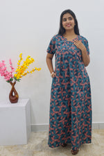 MANGAI Cotton Printed Pleated Nighties - All Over Printed Stylish Nighties | Side Cut Pocket | Front Open Zipper Type | Beautiful Nighties for Stylish Women's (SLB-P)