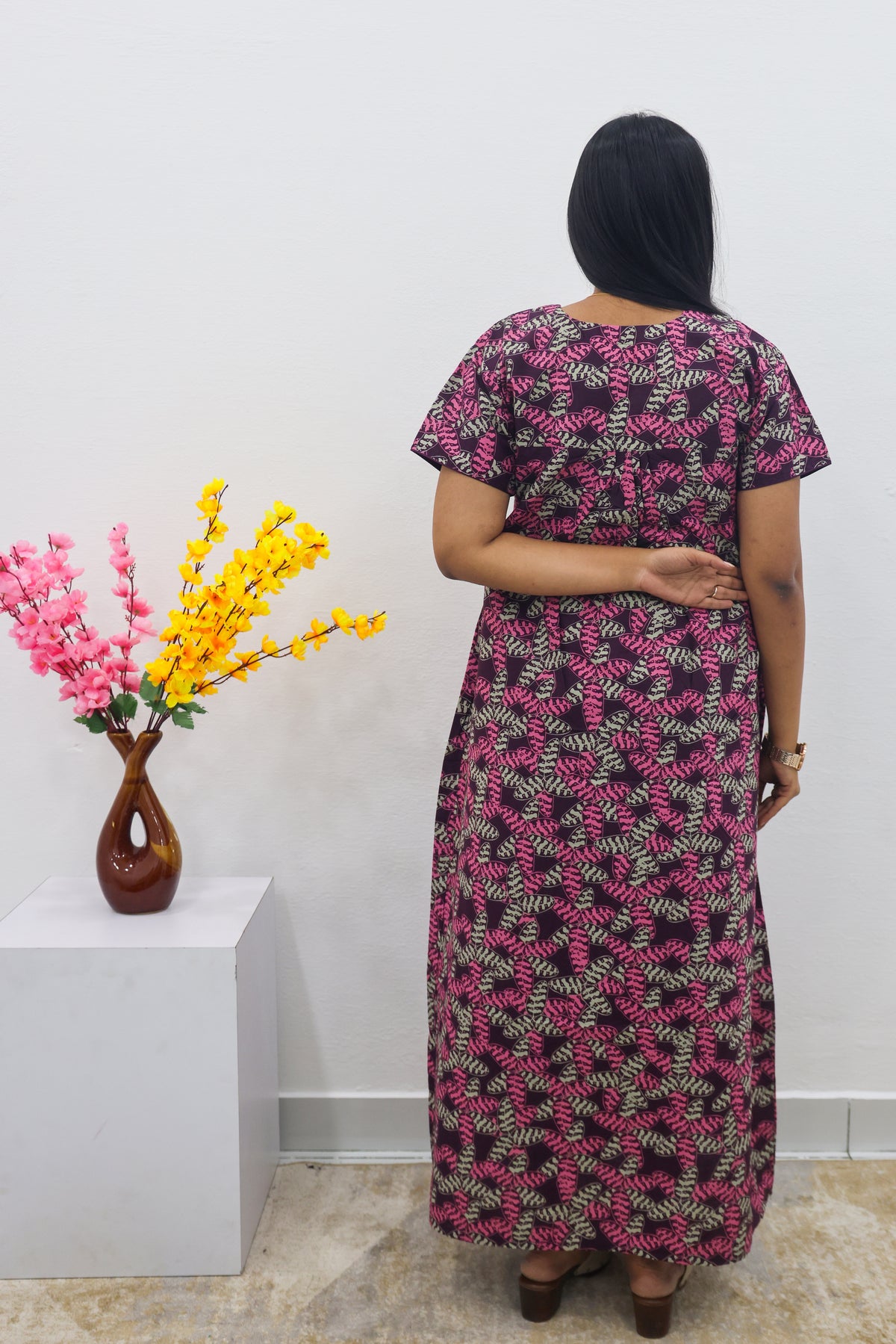 MANGAI Cotton Printed Pleated Nighties - All Over Printed Stylish Nighties | Side Cut Pocket | Front Open Zipper Type | Beautiful Nighties for Stylish Women's (SLB-P)