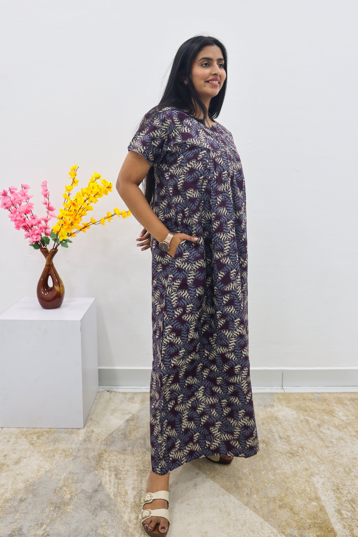 MANGAI Cotton Printed Pleated Nighties - All Over Printed Stylish Nighties | Side Cut Pocket | Front Open Zipper Type | Beautiful Nighties for Stylish Women's (SLB-P)