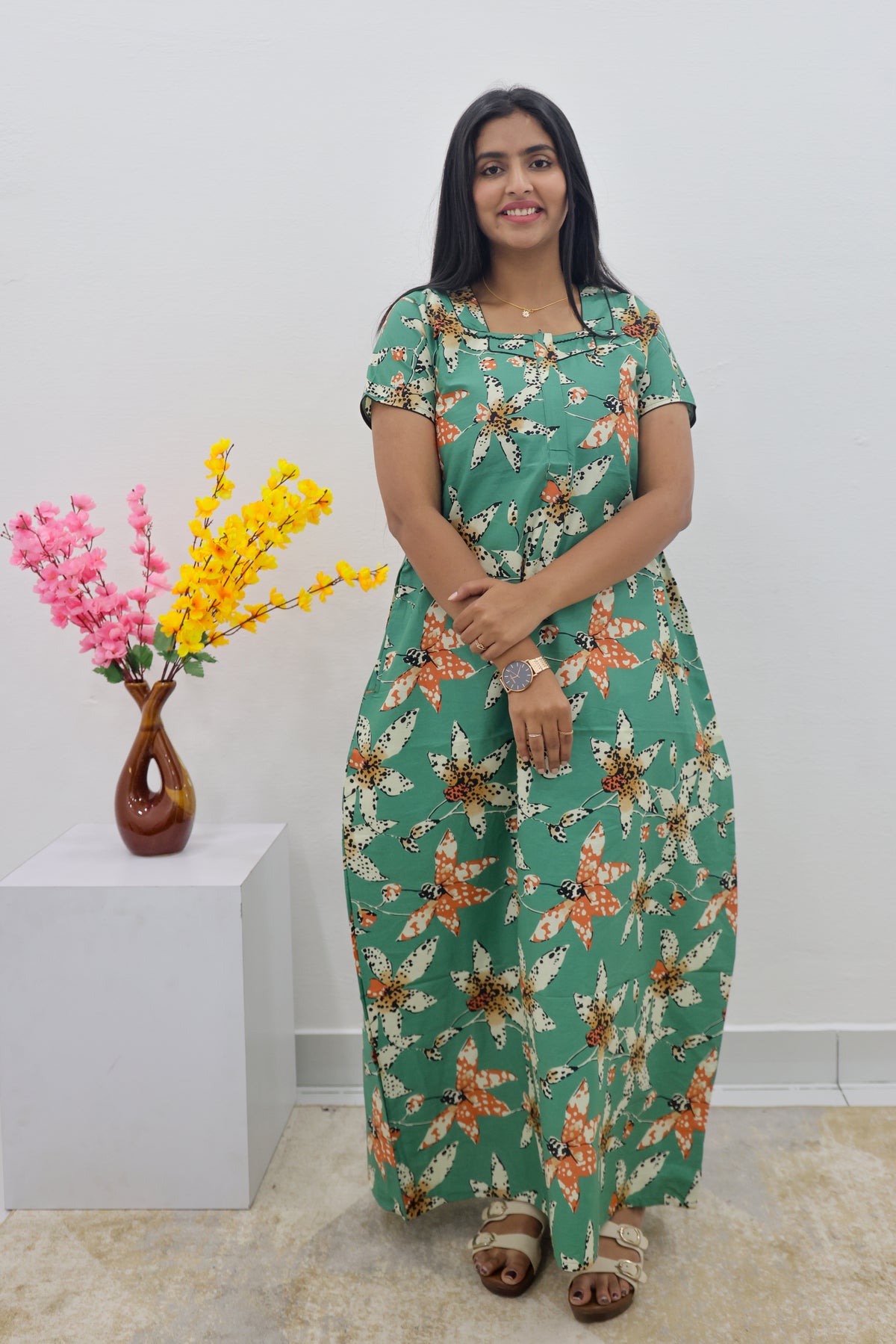 MANGAI New Regular Fit Cotton Printed Nighties - All Over Printed Stylish Nightwear for Stylish Women | Side Cut Pocket | Beautiful Nighties for Stylish Women's | Colourful Printed Cotton Nighties (SLB)