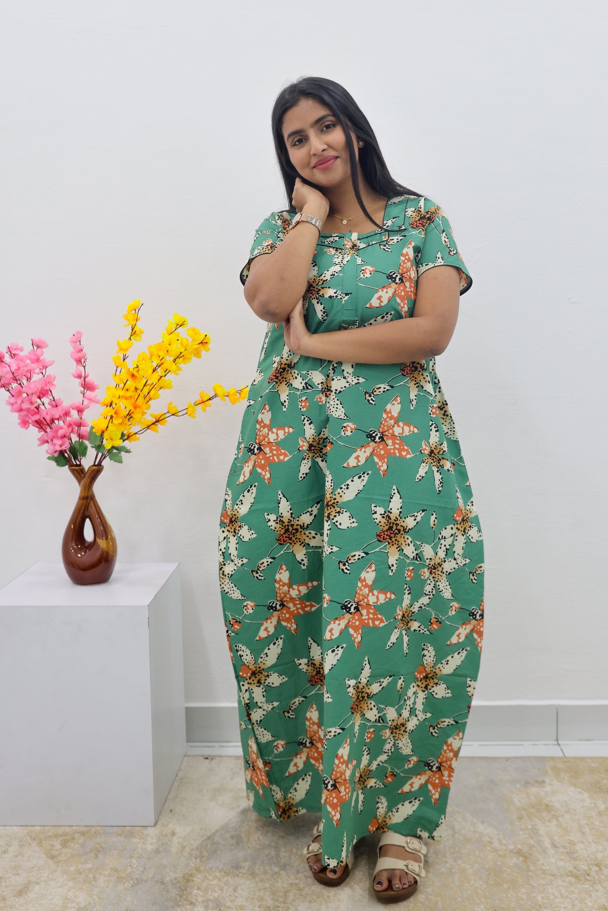 MANGAI New Regular Fit Cotton Printed Nighties - All Over Printed Stylish Nightwear for Stylish Women | Side Cut Pocket | Beautiful Nighties for Stylish Women's | Colourful Printed Cotton Nighties (SLB)